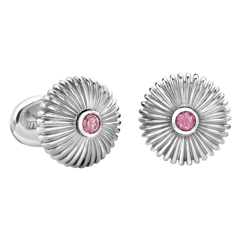 Fabergé Domed Fluted Sterling Silver Cufflinks with Rhodochrosite, US Clients For Sale