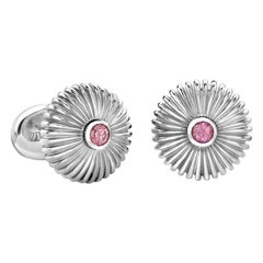 Fabergé Domed Fluted Sterling Silver Cufflinks with Rhodochrosite, US Clients