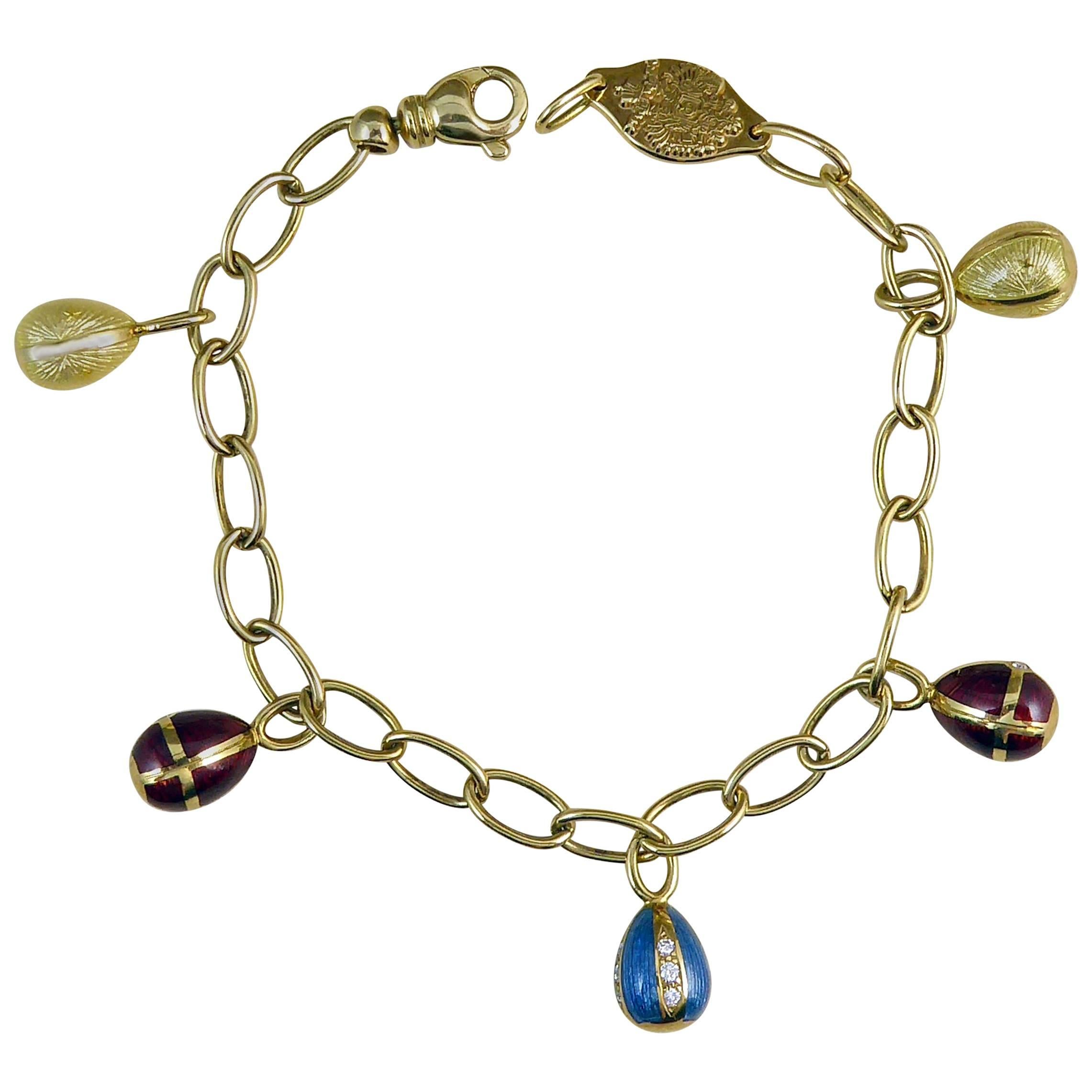Faberge Easter Egg Charm Bracelet, Gold, Enamel, 0.18 Carat Diamonds, Boxed
