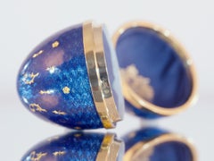 Fabergé Egg Object 18 K Yellow Gold Blue Guilloche Enamel Paillons Ruby Cabochon