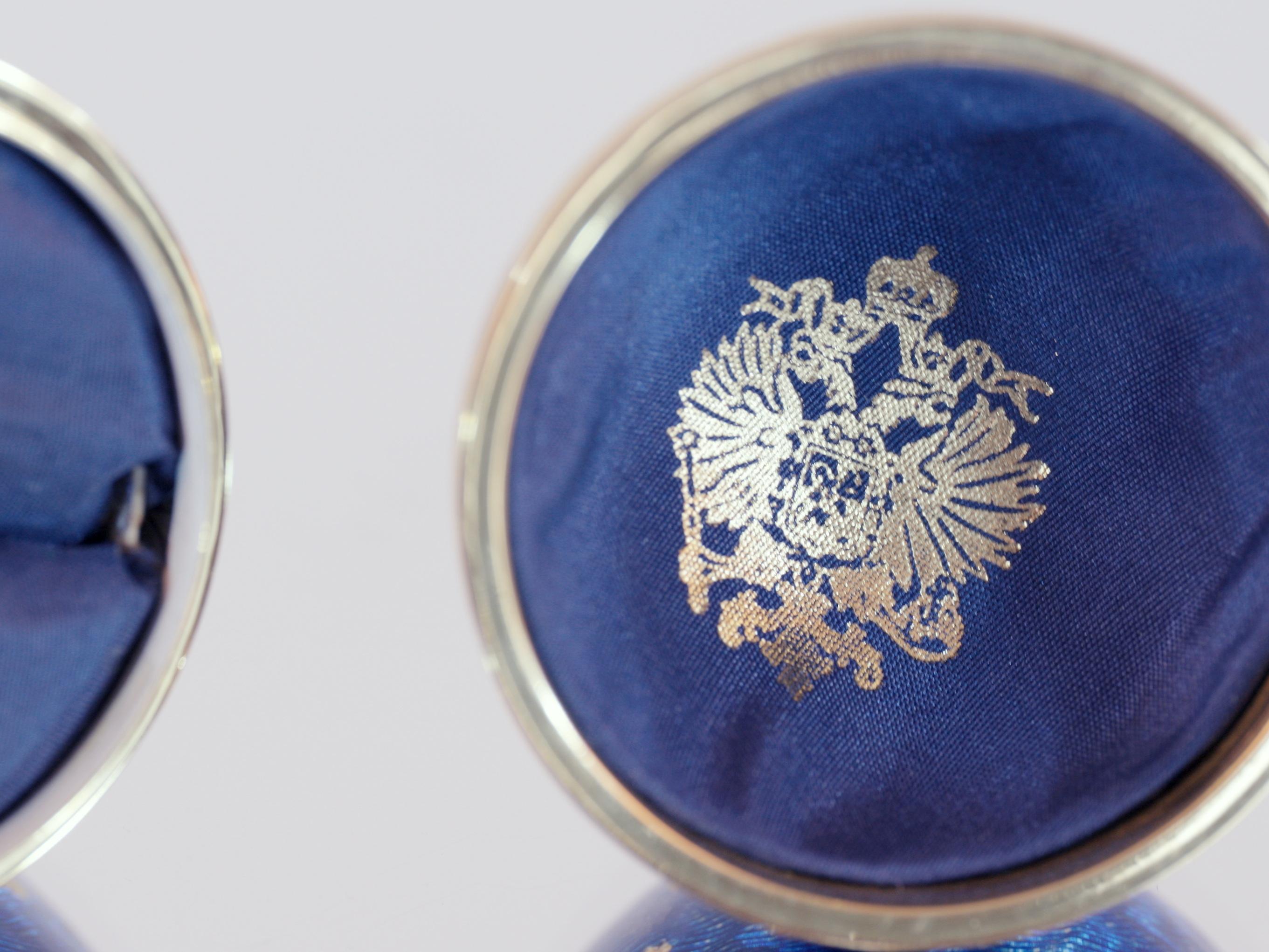 Belle Époque Fabergé Egg Object 18 K Yellow Gold Blue Guilloche Enamel Paillons Ruby Cabochon For Sale