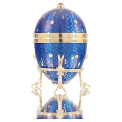 Fabergé Egg Object 18 K Yellow Gold Blue Guilloche Enamel Paillons Ruby Cabochon
