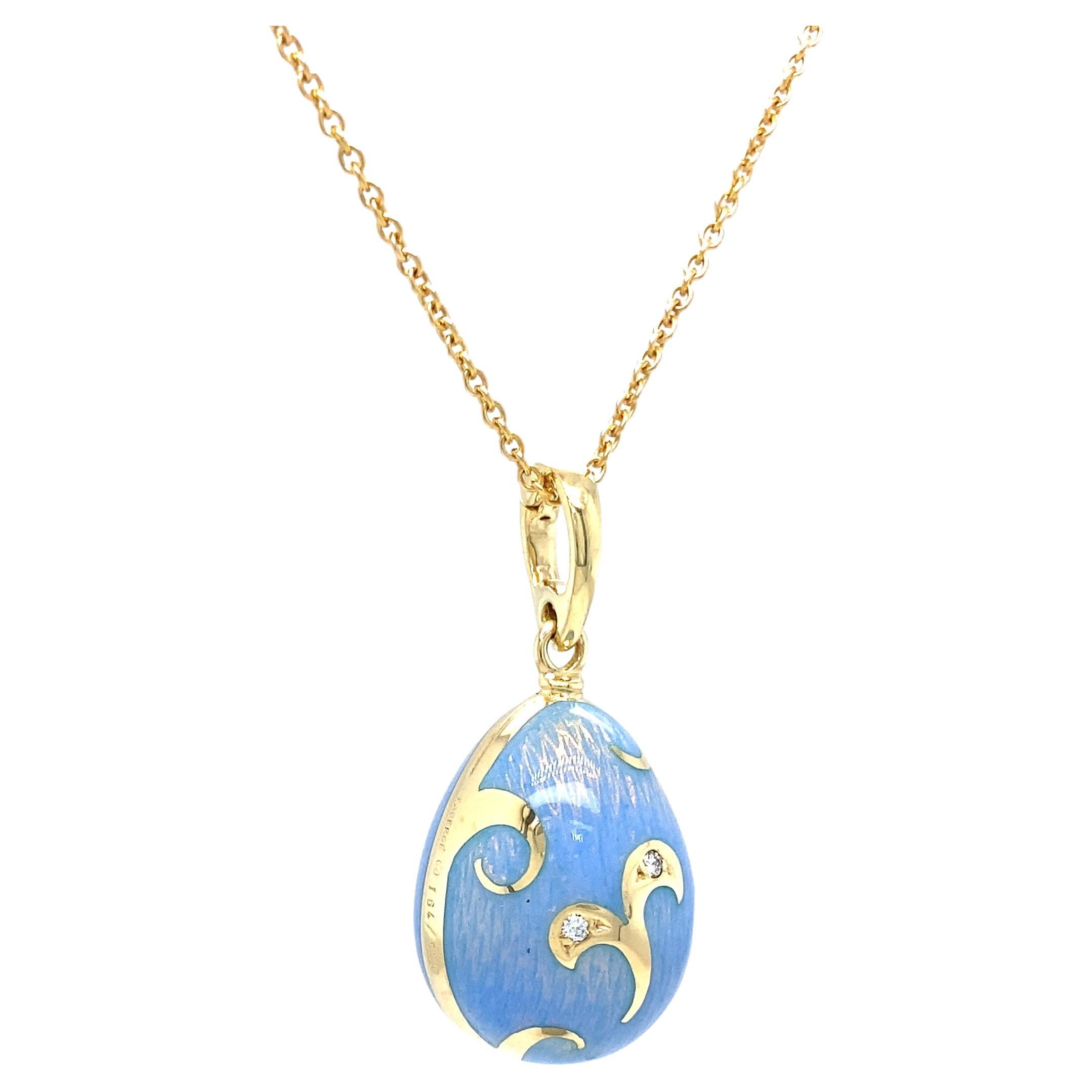Brilliant Cut Fabergé Egg Pendant Blue Opalescent Enamel 18k Yellow Gold 2 Diamonds Rocaille For Sale