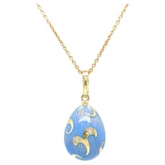 Fabergé Egg Pendant Blue Opalescent Enamel 18k Yellow Gold 2 Diamonds Rocaille