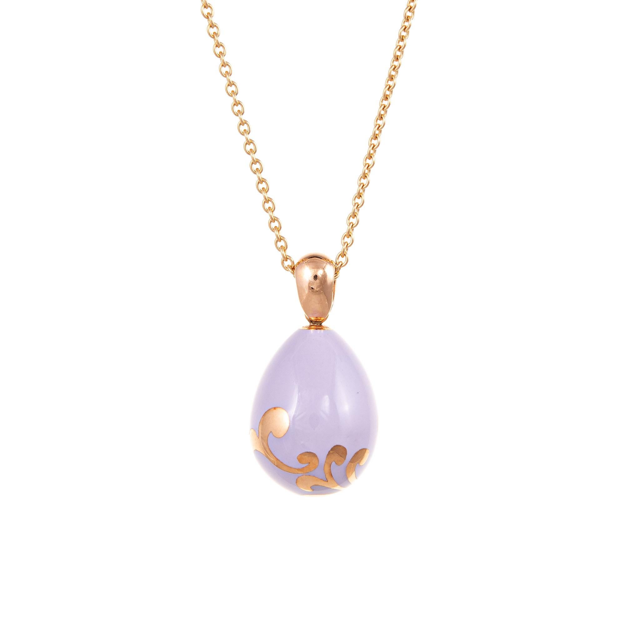Modern Faberge Egg Pendant Necklace 18 Karat Rose Gold Lilac Purple Fine Jewelry Chain For Sale