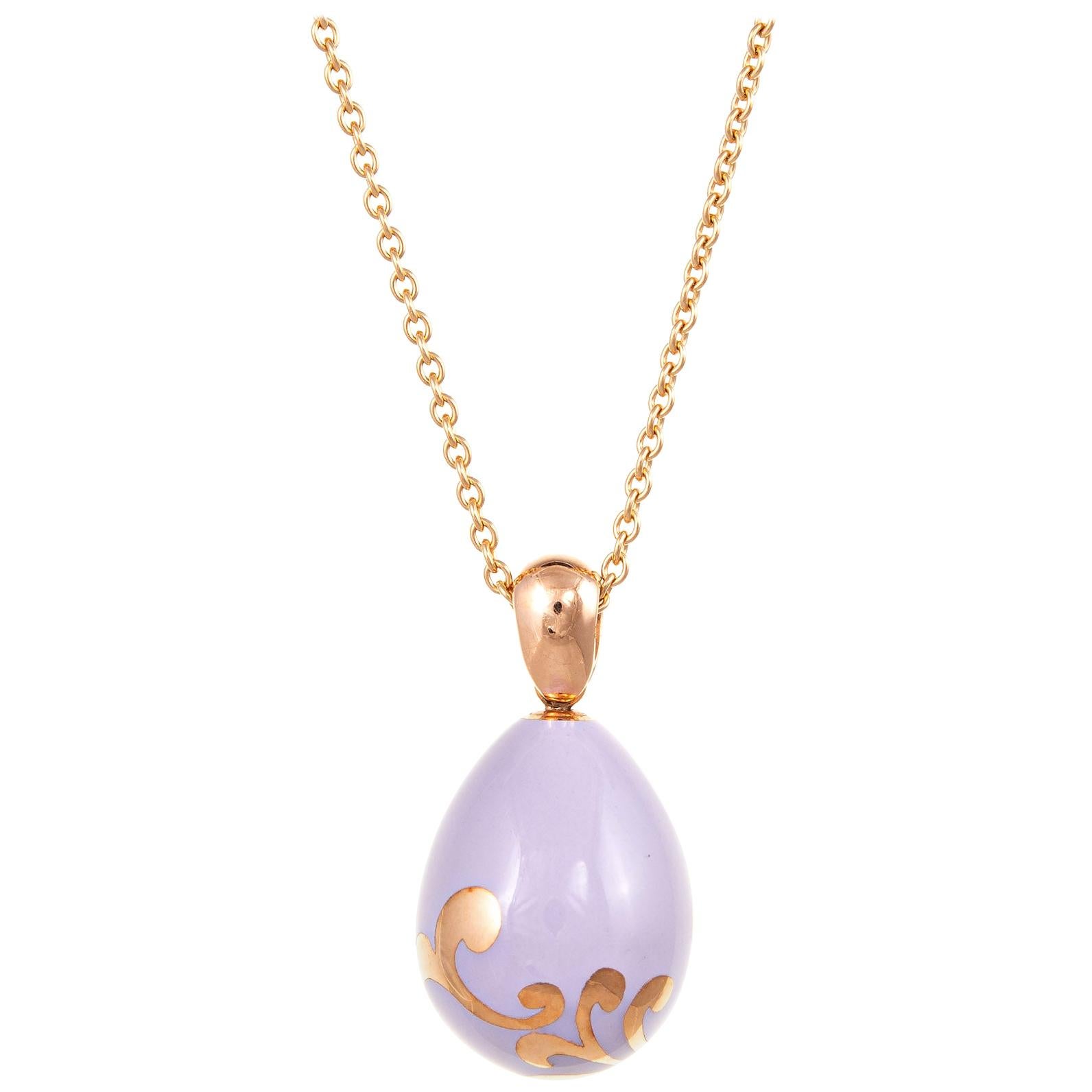 Faberge Egg Pendant Necklace 18 Karat Rose Gold Lilac Purple Fine Jewelry Chain For Sale