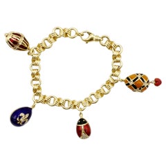 Fabergé Egg Yellow Gold 4 Multi-Charm Chain Link Bracelet Diamond & Enamel