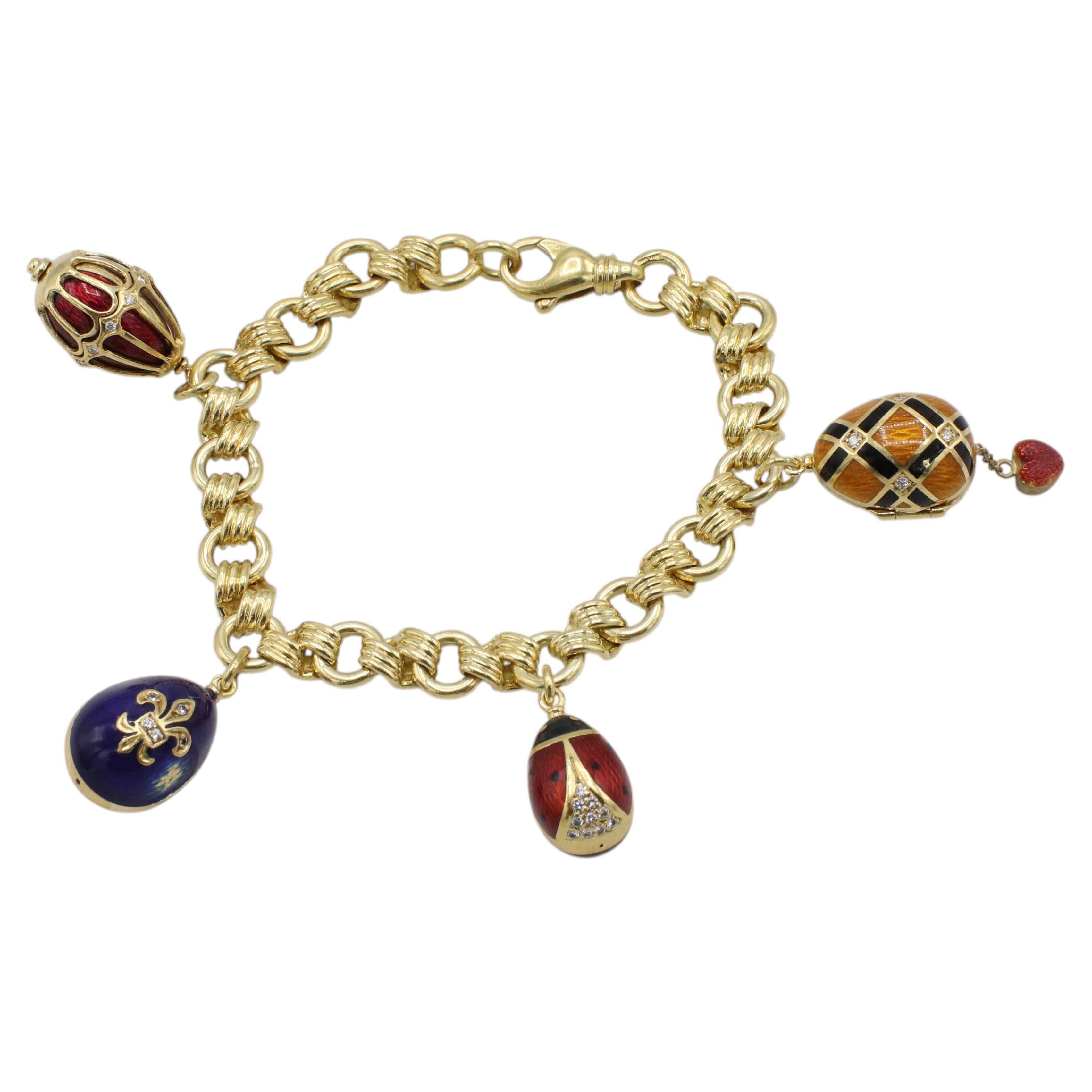 Fabergé Egg Yellow Gold 4 Multi-Charm Chain Link Bracelet Diamond & Enamel