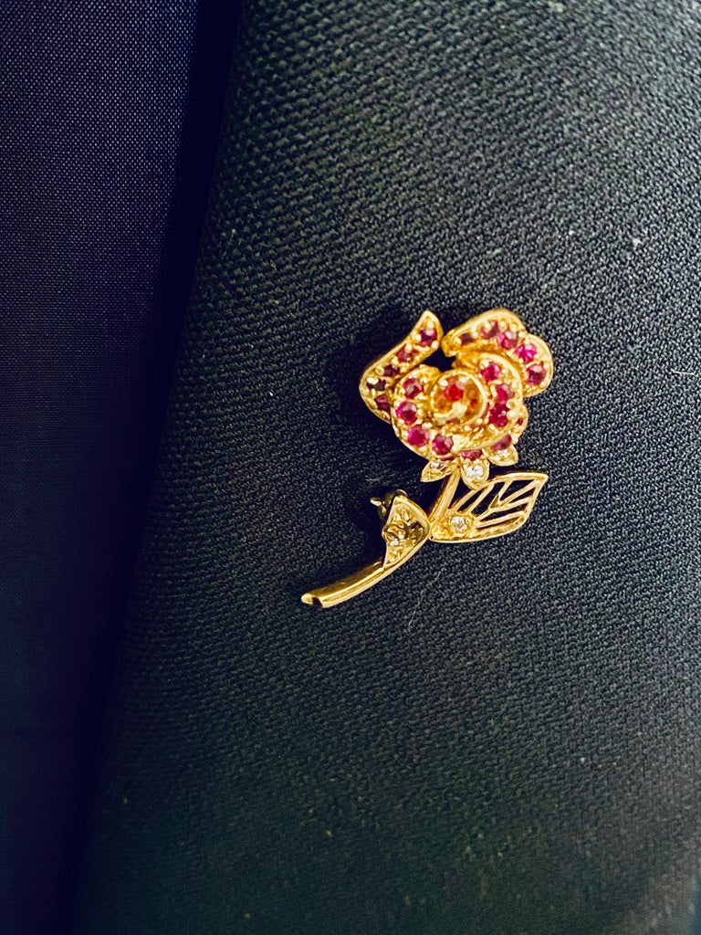 Faberge Eighteen Karat Yellow Gold Ruby and Diamond Rose Brooch at 1stDibs