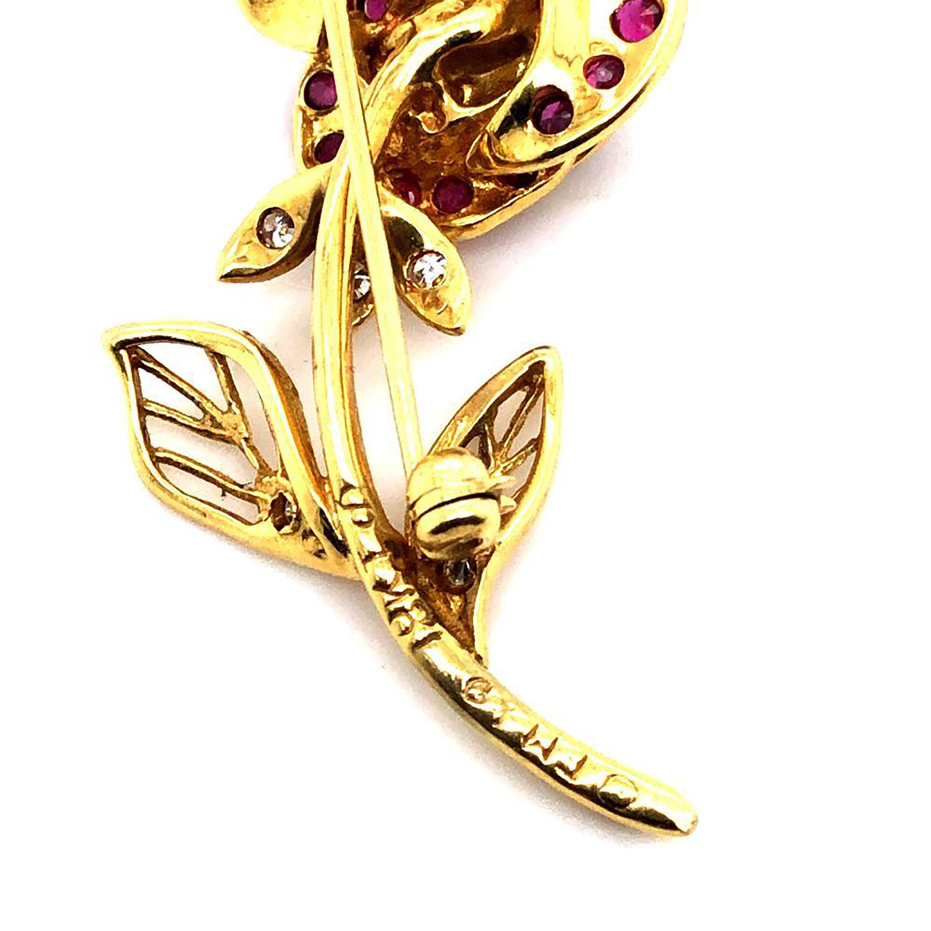 Round Cut Faberge Eighteen Karat Yellow Gold Ruby and Diamond Rose Brooch