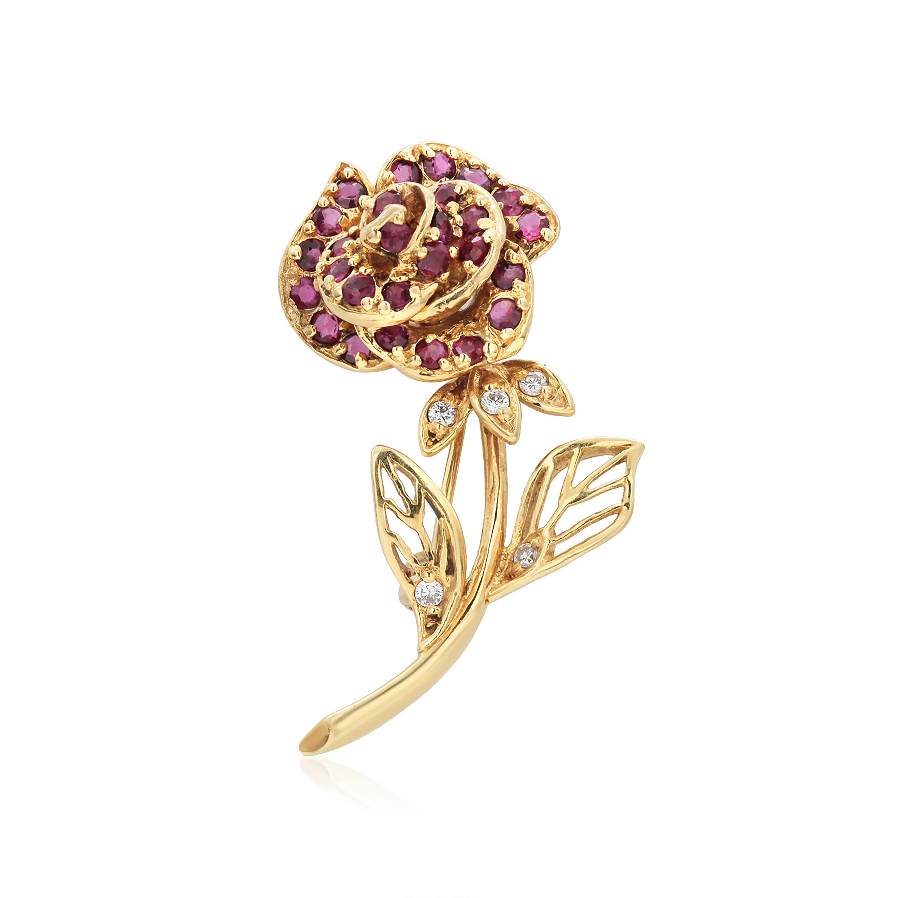 Faberge Eighteen Karat Yellow Gold Ruby and Diamond Rose Brooch In Good Condition In New York, NY