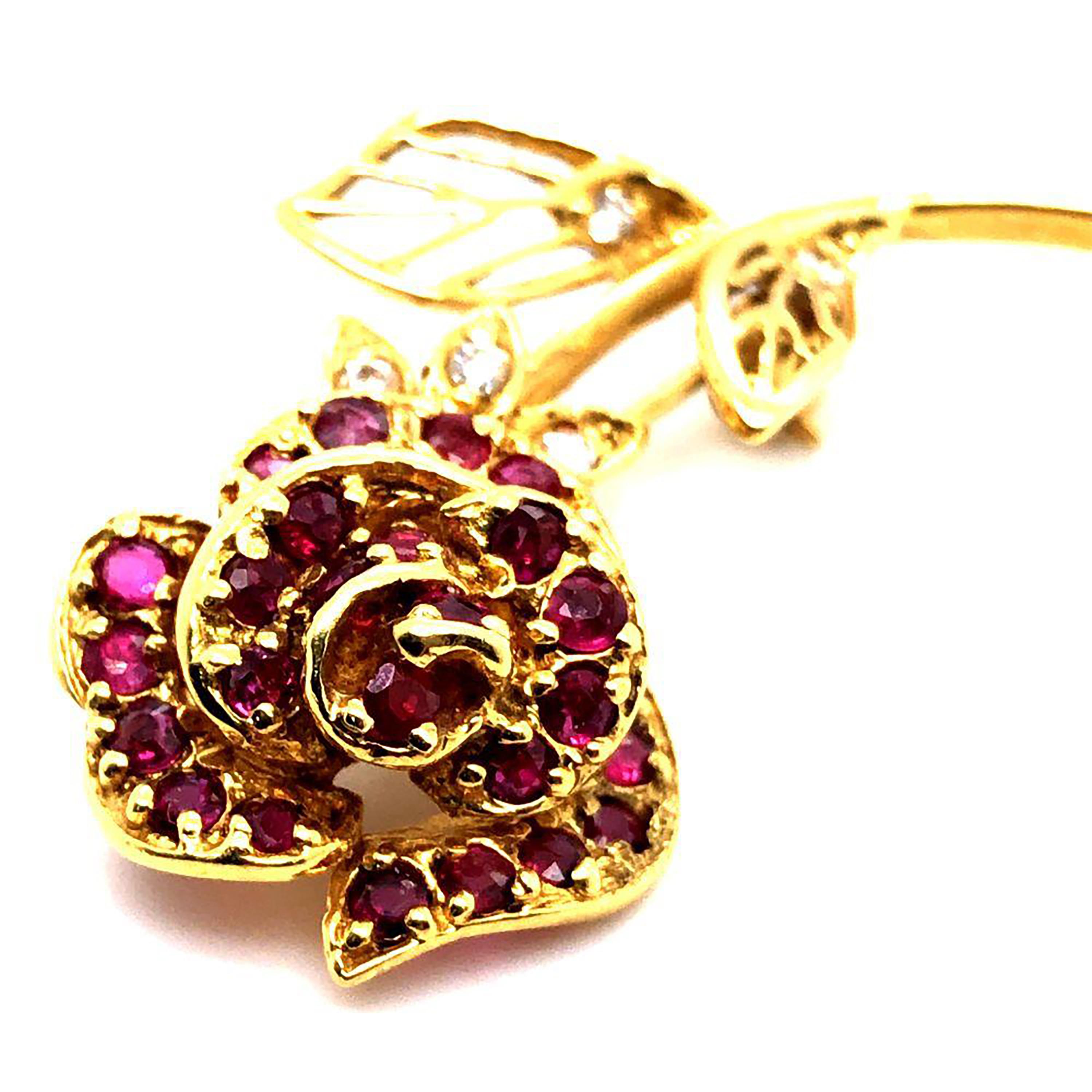 Faberge Eighteen Karat Yellow Gold Ruby and Diamond Rose Brooch 1