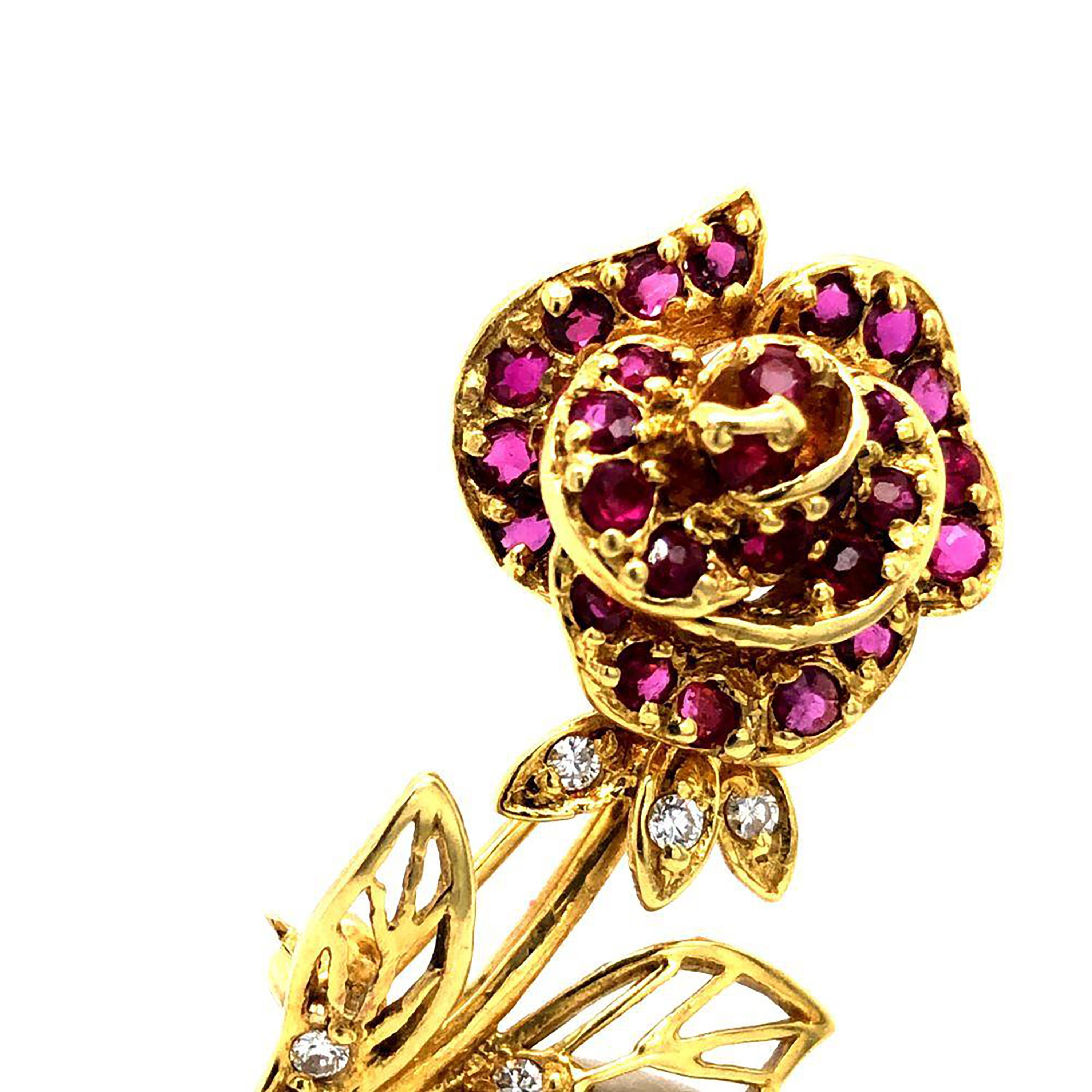 Faberge Eighteen Karat Yellow Gold Ruby and Diamond Rose Brooch 2