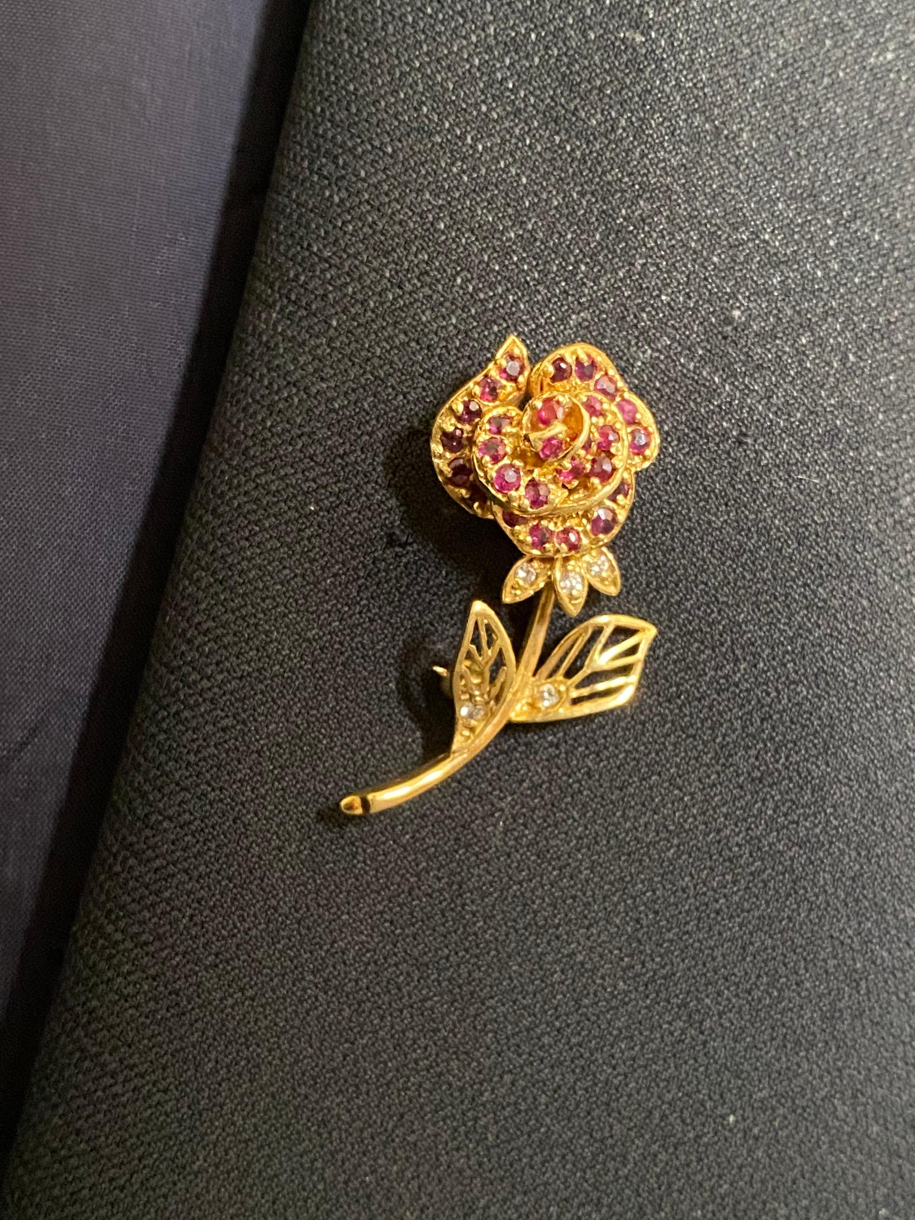 Women's or Men's Faberge Eighteen Karat Yellow Gold Ruby and Diamond Rose Brooch