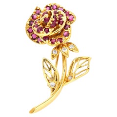Faberge Eighteen Karat Yellow Gold Ruby and Diamond Rose Brooch