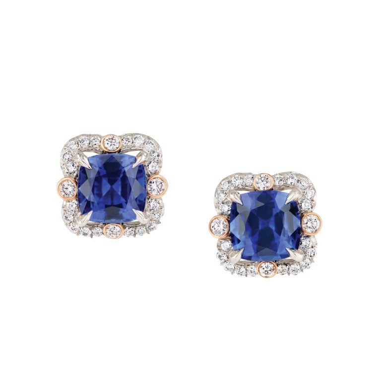 Fabergé Ella 2 Cushion Sapphires 3.49 Carat and Round White Diamonds Earrings For Sale