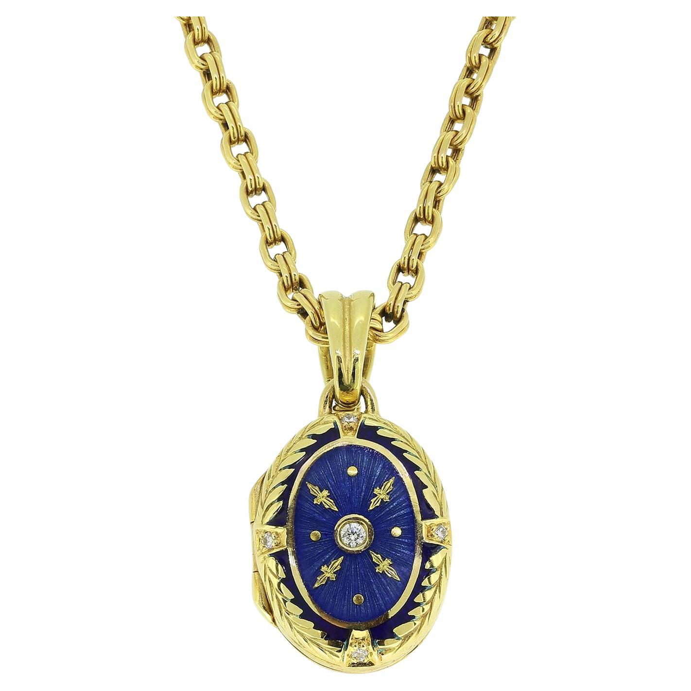 Fabergé Enamel and Diamond Locket Pendant Necklace