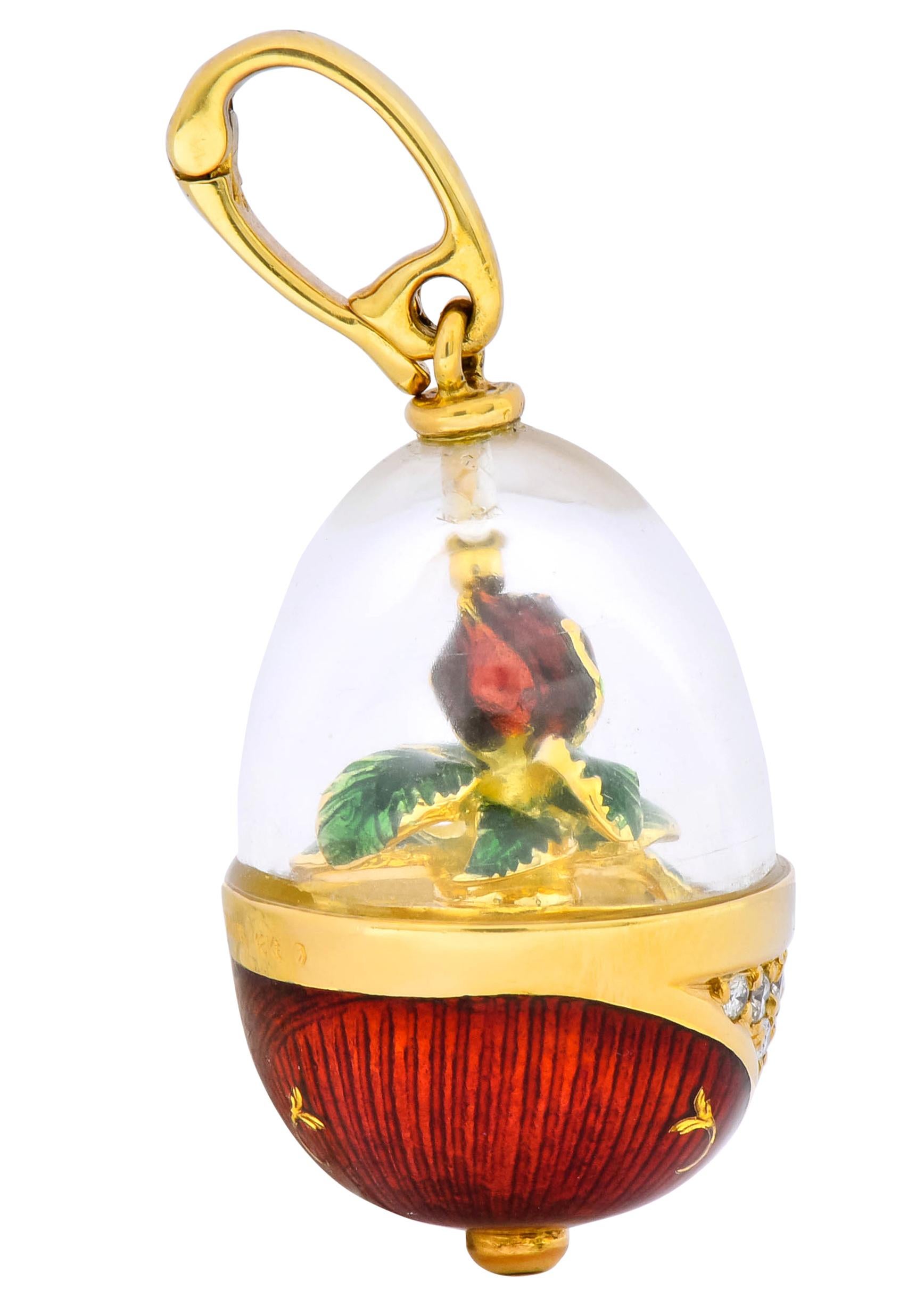 Round Cut Fabergé Enamel Egg Diamond 18 Karat Gold German Rose Flower Pendant