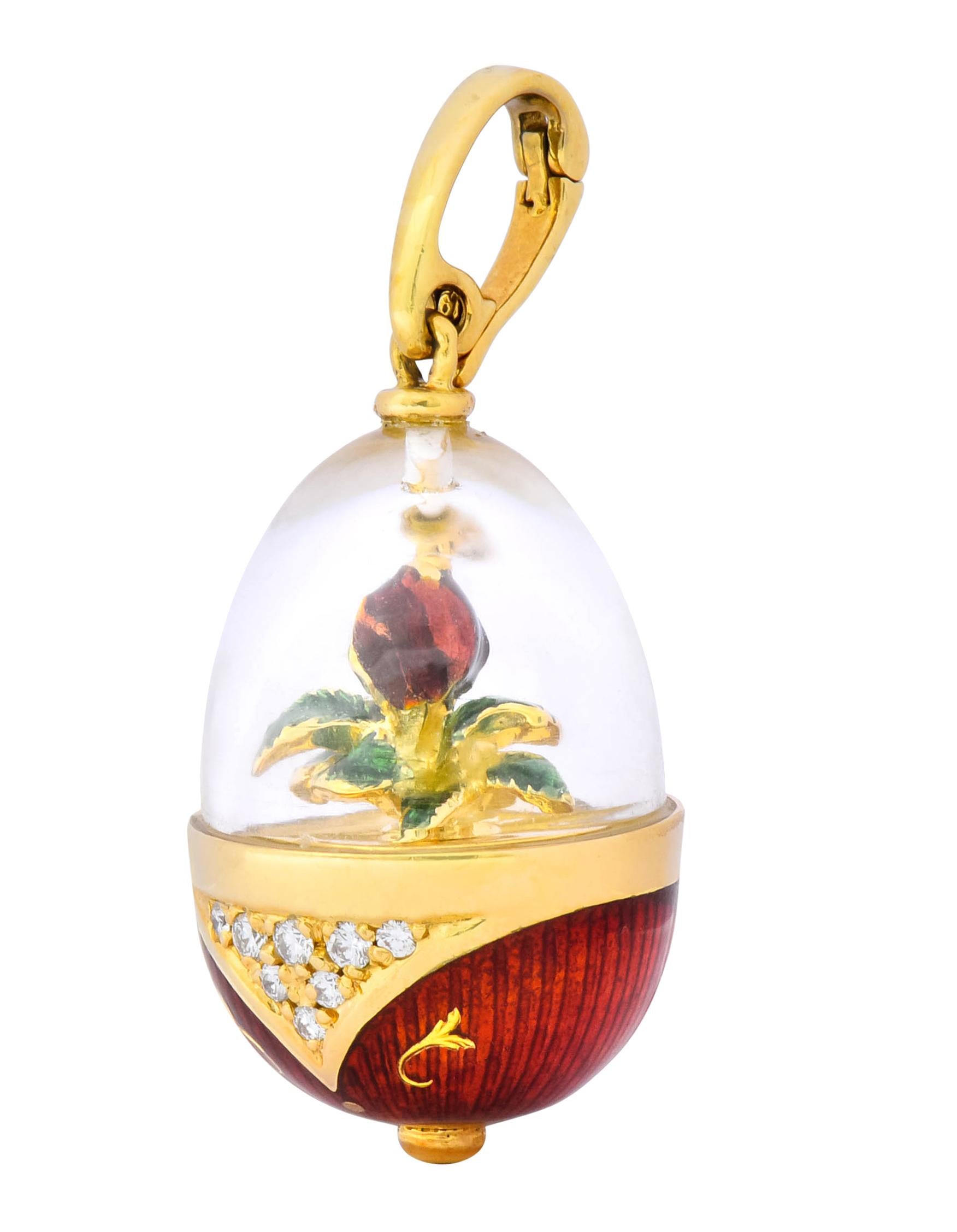 Fabergé Enamel Egg Diamond 18 Karat Gold German Rose Flower Pendant 1