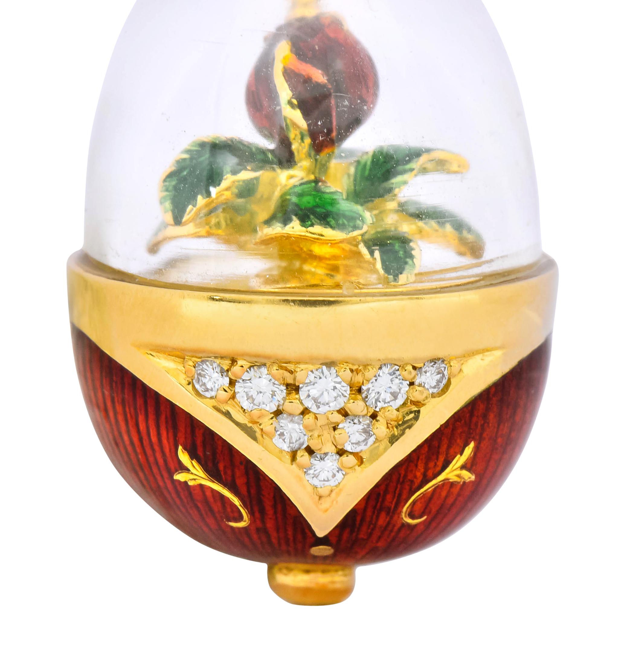 Fabergé Enamel Egg Diamond 18 Karat Gold German Rose Flower Pendant 2