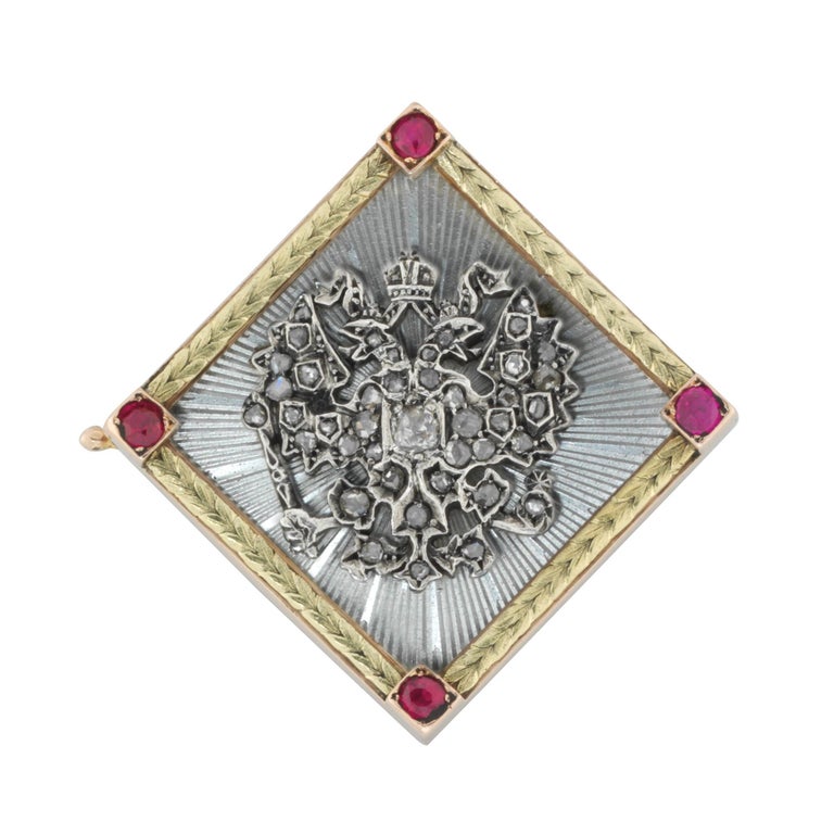 Edwardian Faberge Enamel Ruby Diamond Gold Brooch