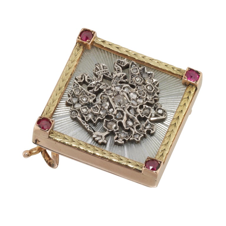 Rose Cut Faberge Enamel Ruby Diamond Gold Brooch