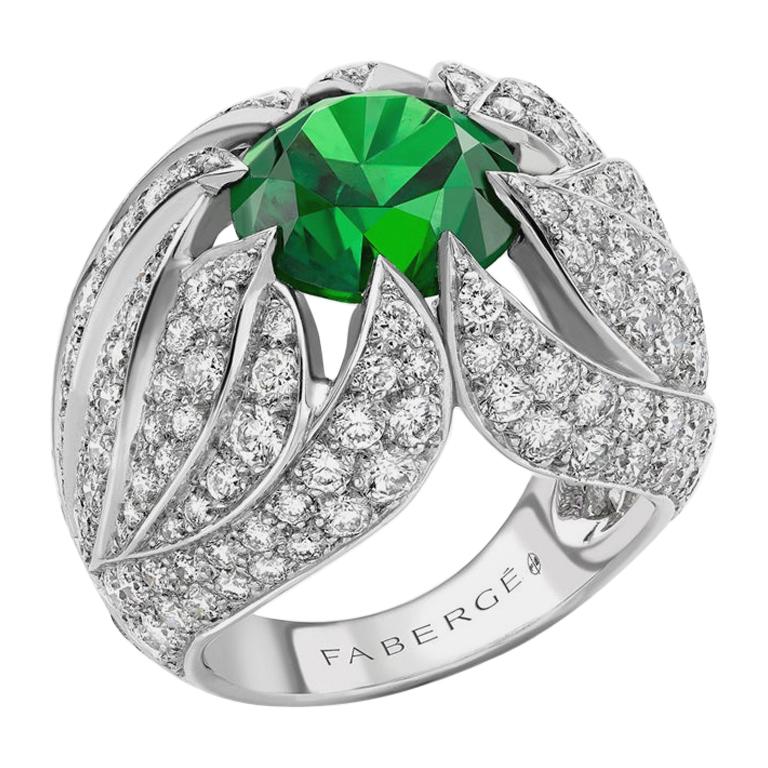 Fabergé Fire 18K White Gold 5.68ct Round Demantoid Diamond Encrusted Wide Ring For Sale