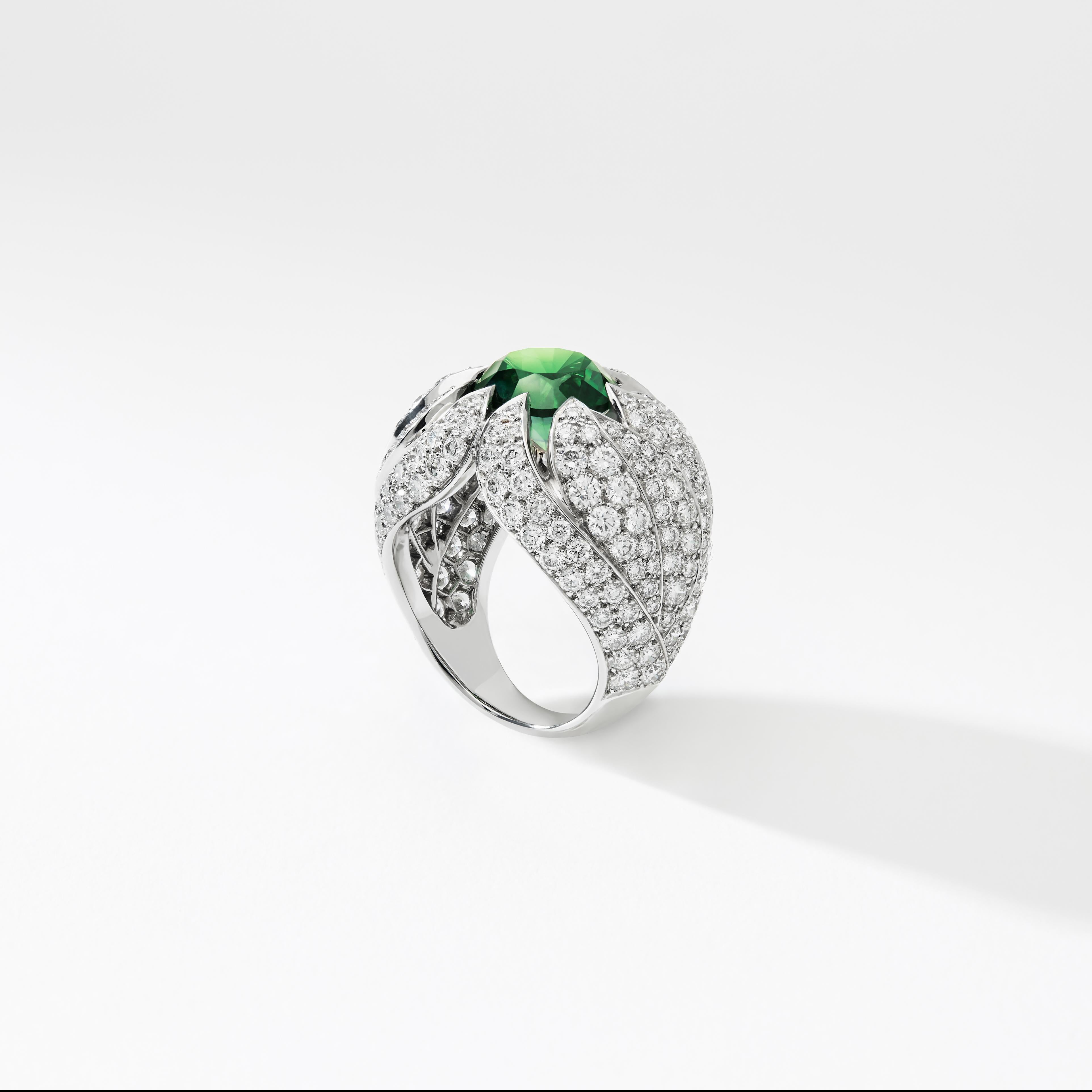 Round Cut Fabergé Fire 18K White Gold 5.68ct Round Demantoid Diamond Encrusted Wide Ring For Sale