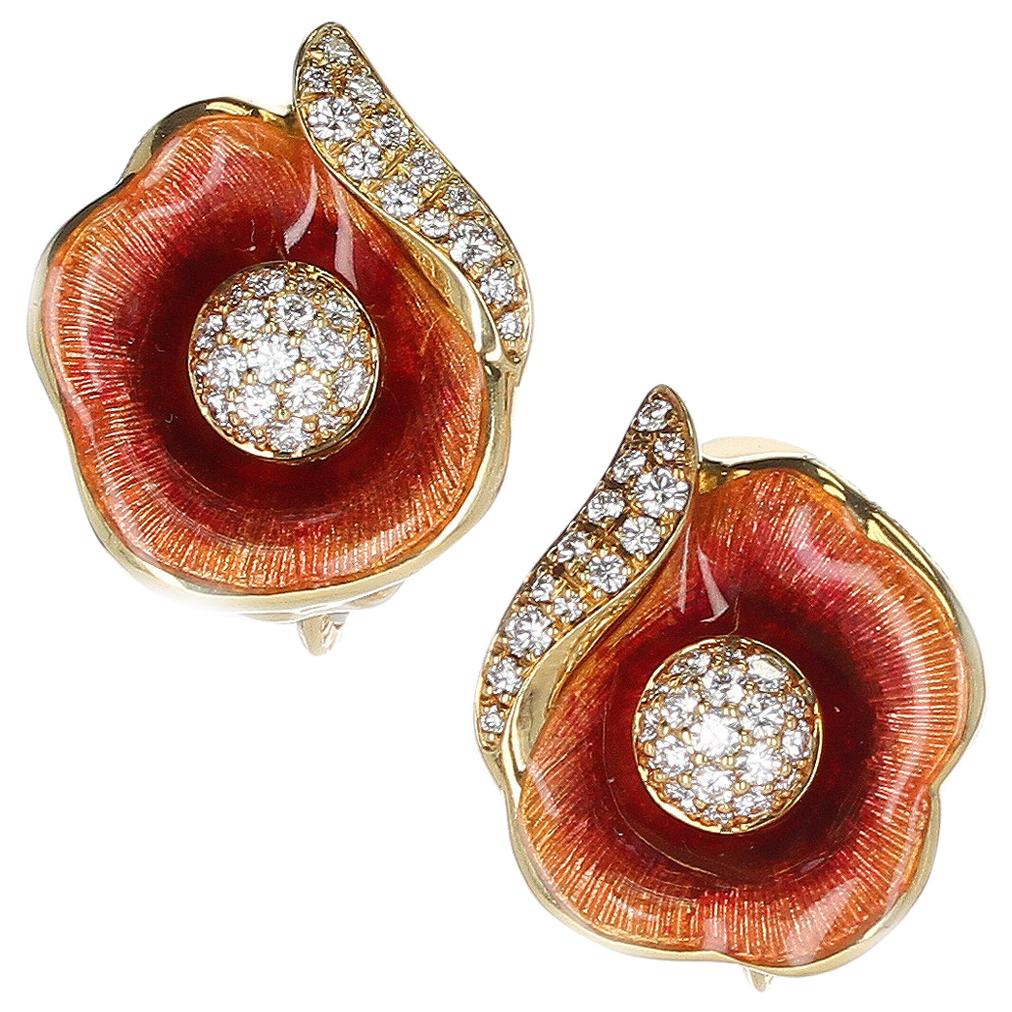 modern Fabergé Floral Enamel and Diamond Earrings, 18 Karat Yellow Gold