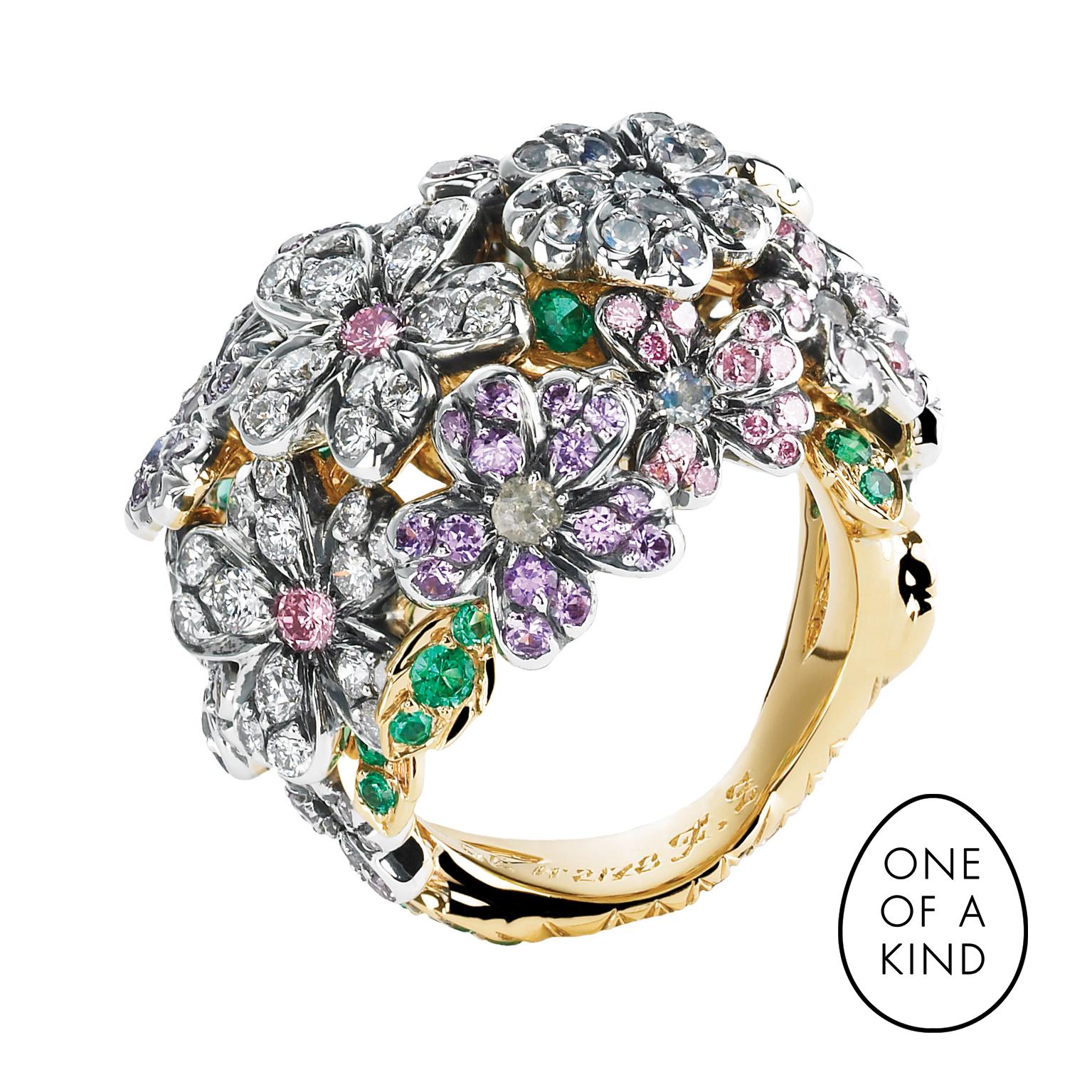 Fabergé Forget Me Not 18K Gold Diamond & Coloured Gemstone Flower Ring For Sale