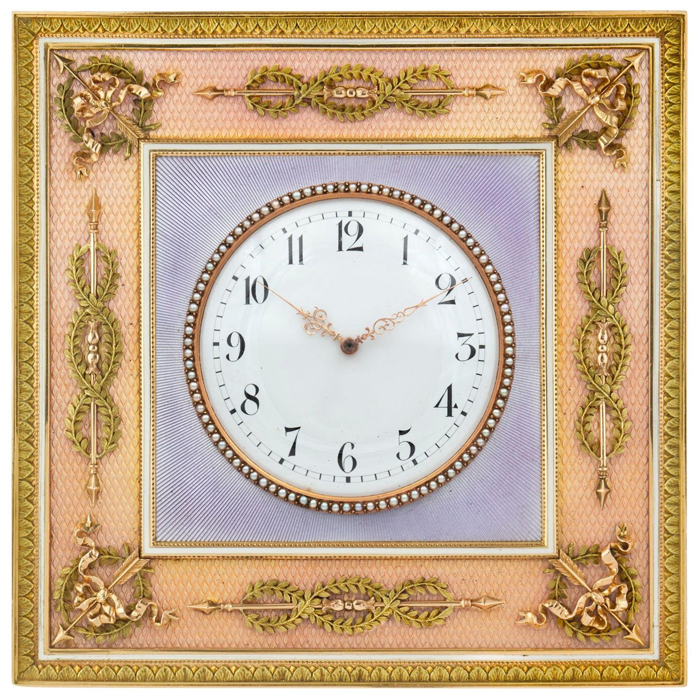 Fabergé Gold-Mounted Guilloche Enamel Desk Clock