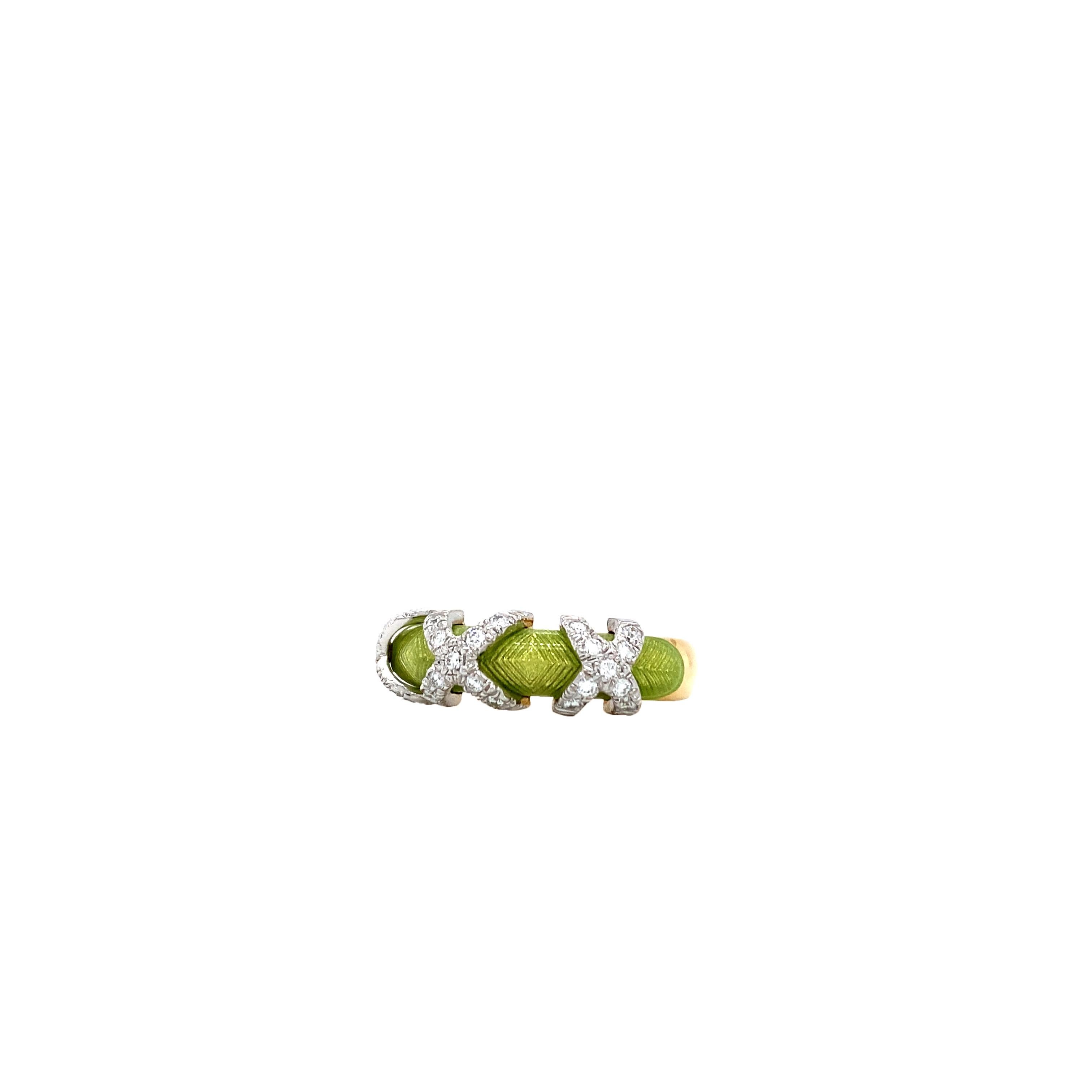 Fabergé Green Enamel Ring Xenia 18k Yellow and White Gold 27 Diamonds 0.27 ct For Sale 3
