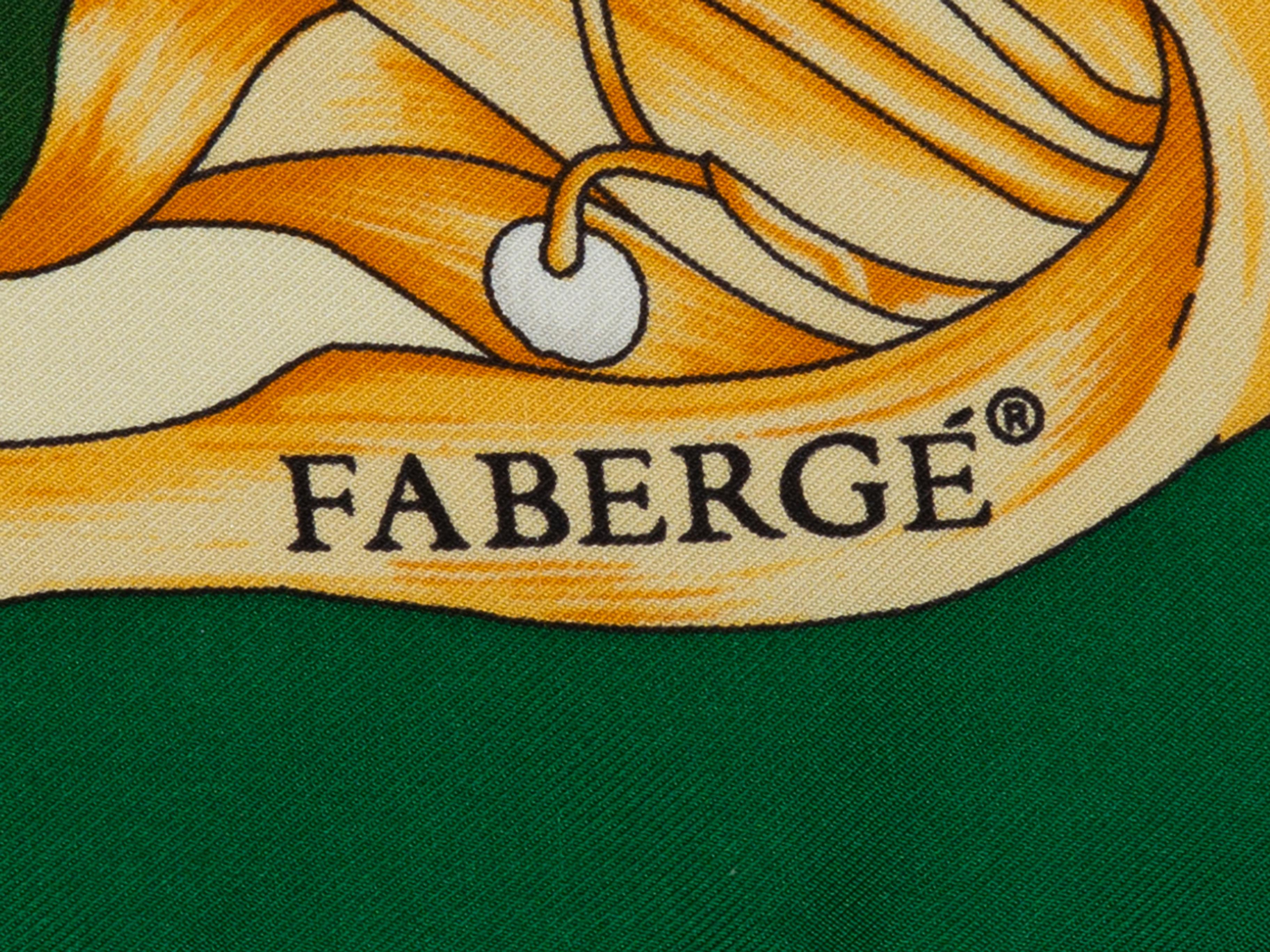 Product details: Green and multicolor silk scarf by Faberge. Botanical print throughout. 35