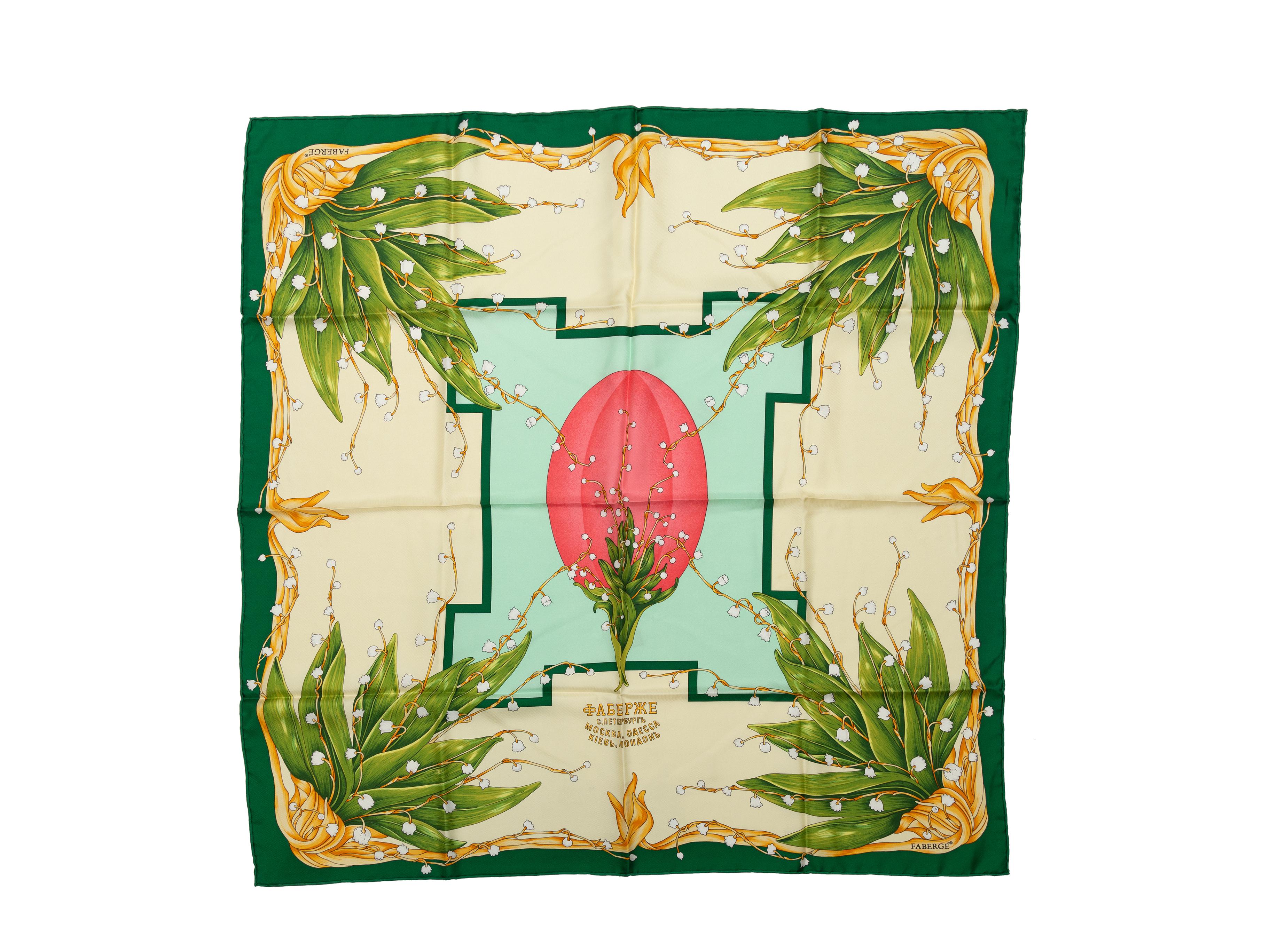Beige Faberge Green & Multicolor Bontanical Print Silk Scarf
