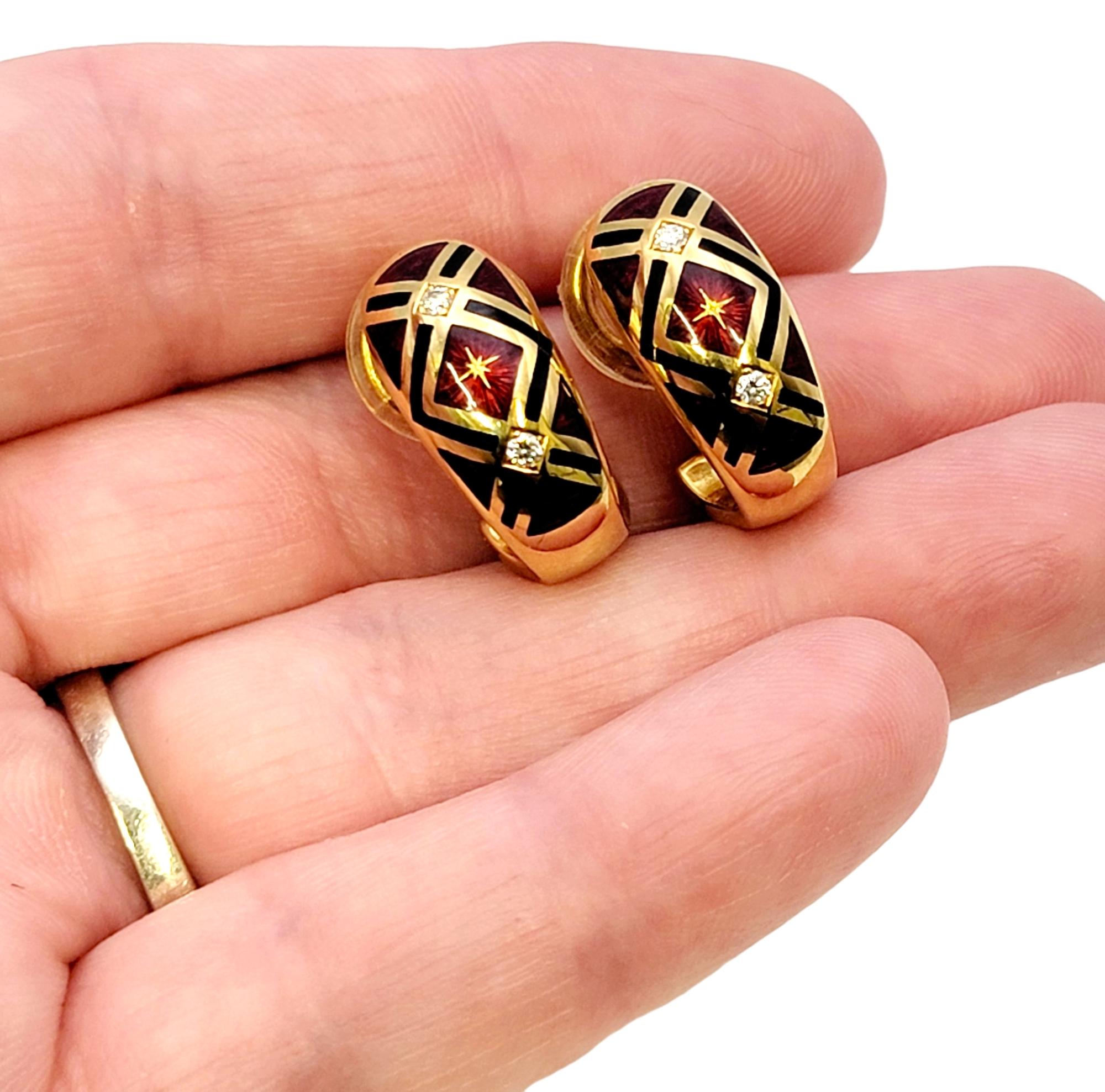 Faberge Guilloche Enamel and Diamond Half Hoop Earrings in 18 Karat Yellow Gold For Sale 3