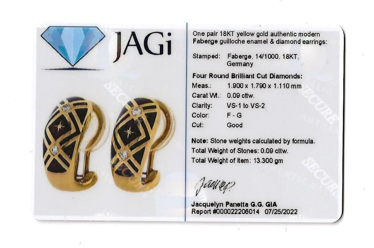 Faberge Guilloche Enamel and Diamond Half Hoop Earrings in 18 Karat Yellow Gold For Sale 10