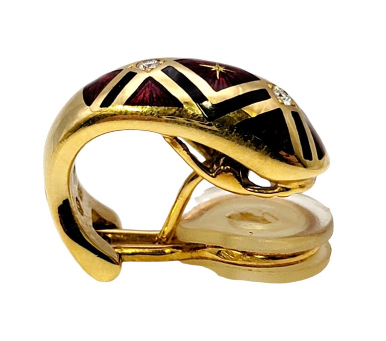 Faberge Guilloche Enamel and Diamond Half Hoop Earrings in 18 Karat Yellow Gold For Sale 1