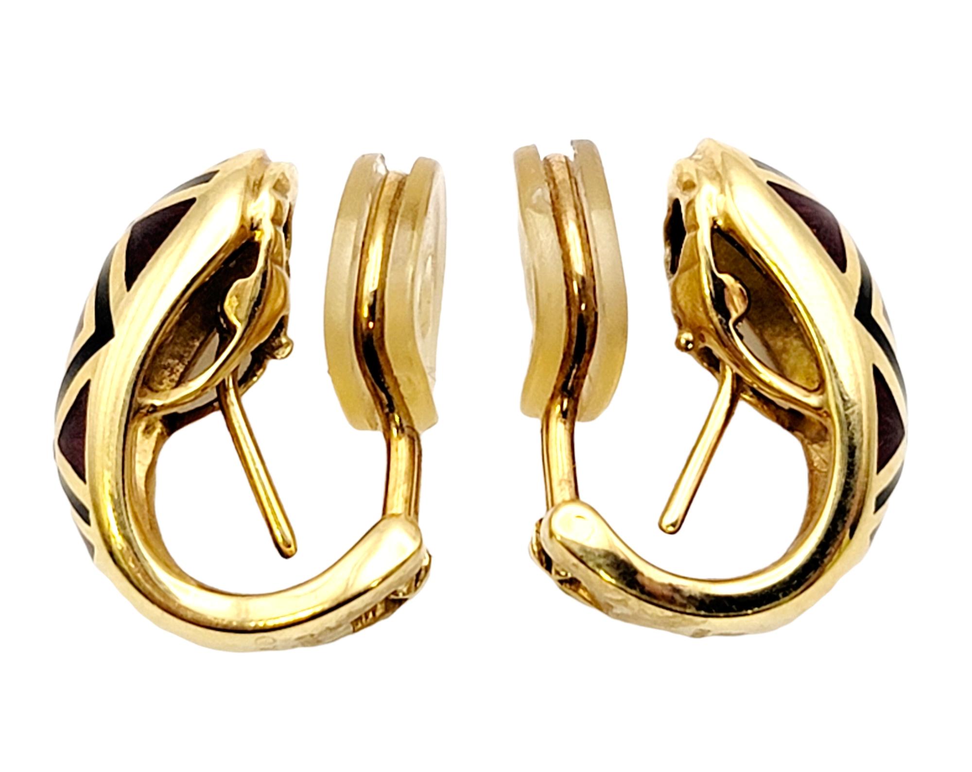 Women's Faberge Guilloche Enamel and Diamond Half Hoop Earrings in 18 Karat Yellow Gold For Sale