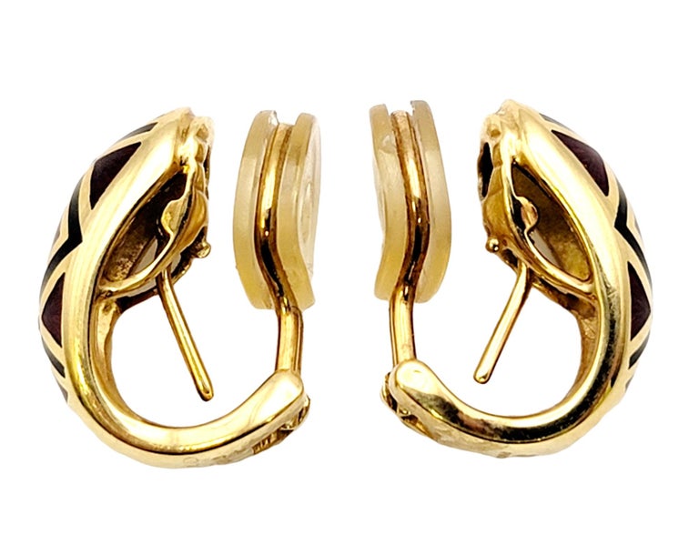 Faberge Guilloche Enamel and Diamond Half Hoop Earrings in 18 Karat Yellow Gold For Sale 2