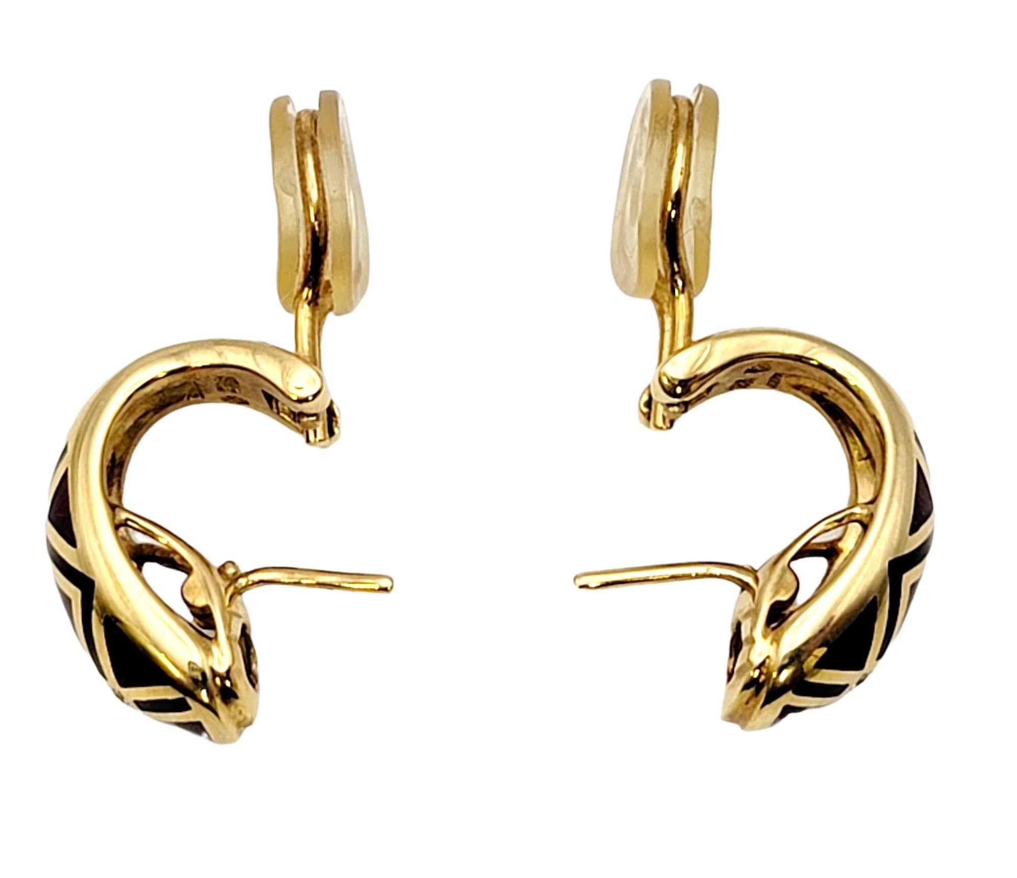 Faberge Guilloche Enamel and Diamond Half Hoop Earrings in 18 Karat Yellow Gold For Sale 1