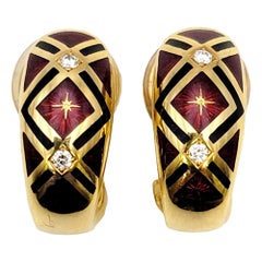 Faberge Guilloche Enamel and Diamond Half Hoop Earrings in 18 Karat Yellow Gold