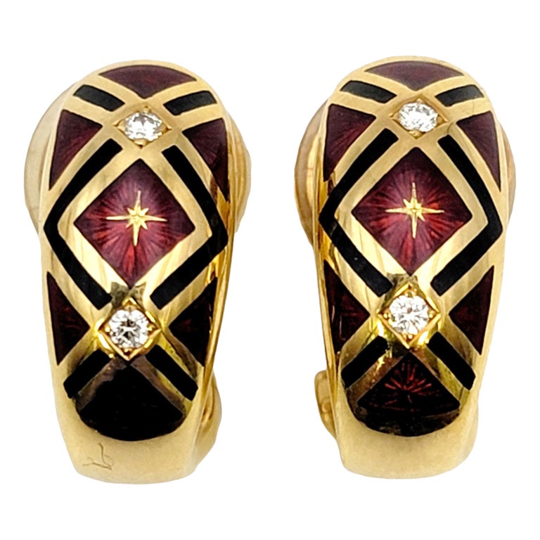 Faberge Guilloche Enamel and Diamond Half Hoop Earrings in 18 Karat Yellow Gold For Sale