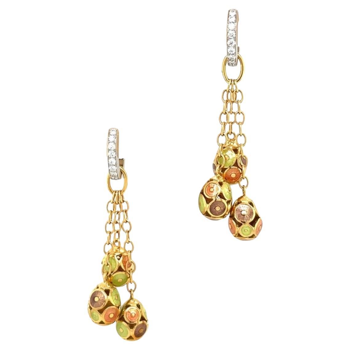 Fabergé Guilloche Enamel hanging eggs in  18K Gold and diamonds Earrings