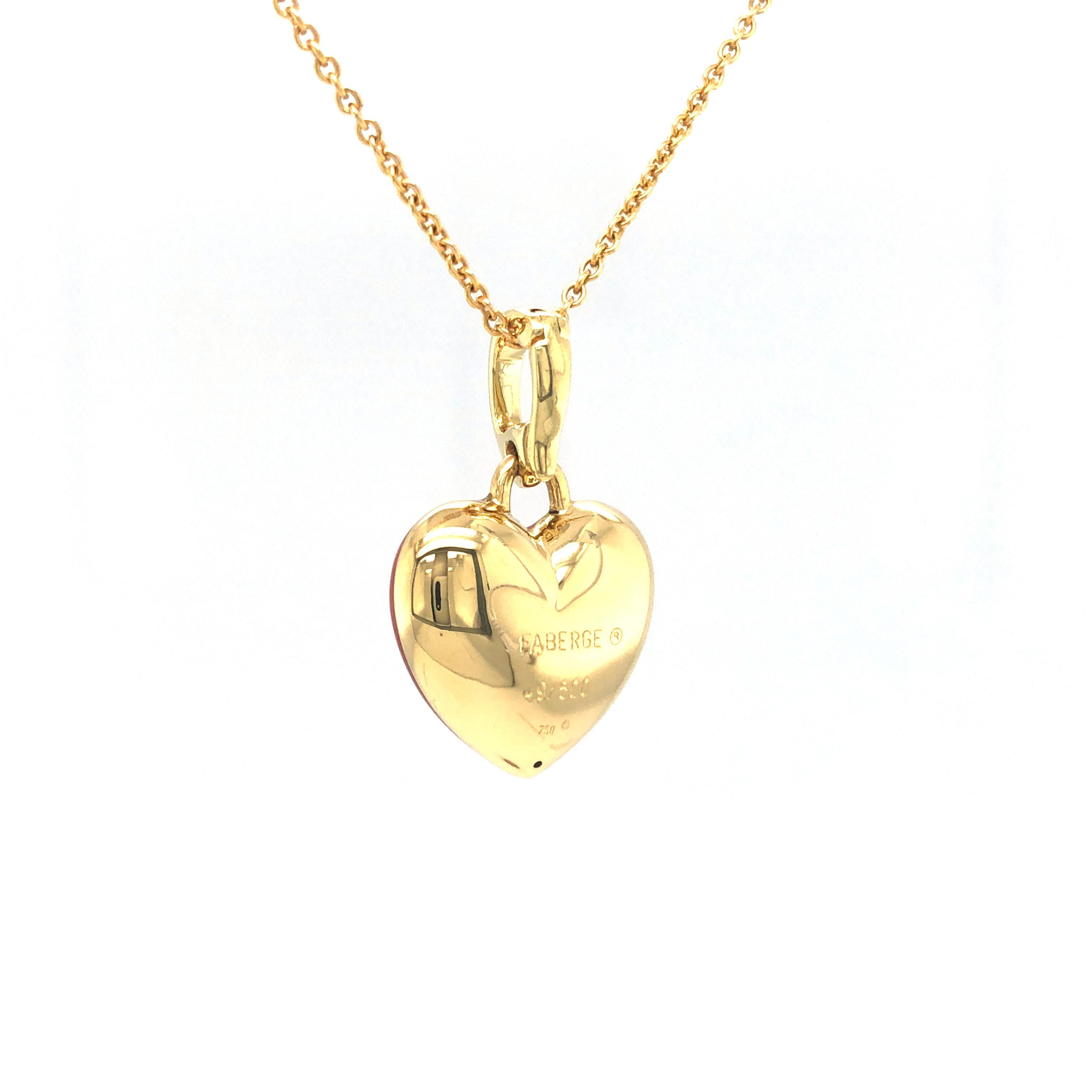 Edwardian Fabergé Heart Pendant  Necklace Pink Enamel & Paillons 18k Yellow Gold 1 Diam. For Sale