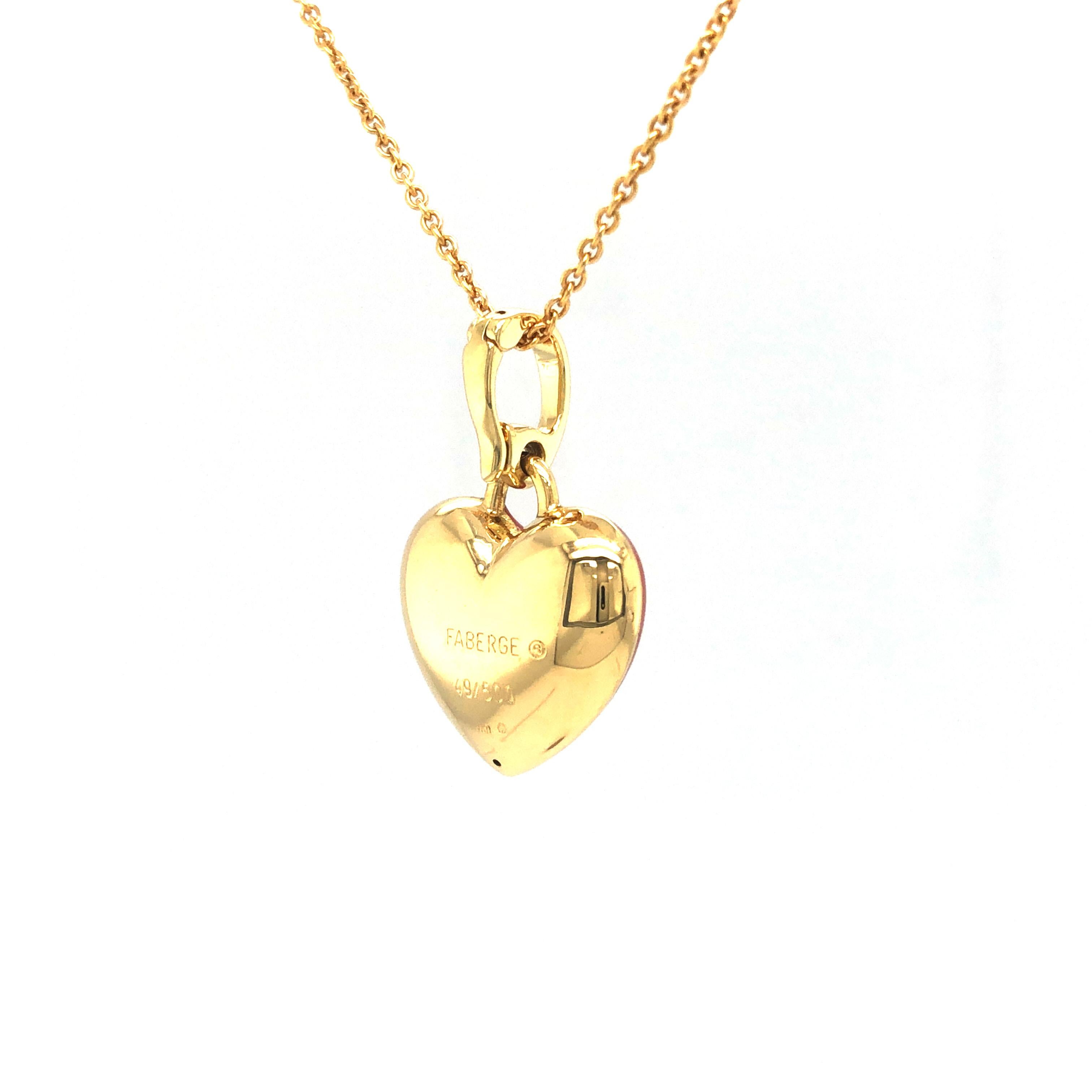 Brilliant Cut Fabergé Heart Pendant  Necklace Pink Enamel & Paillons 18k Yellow Gold 1 Diam. For Sale