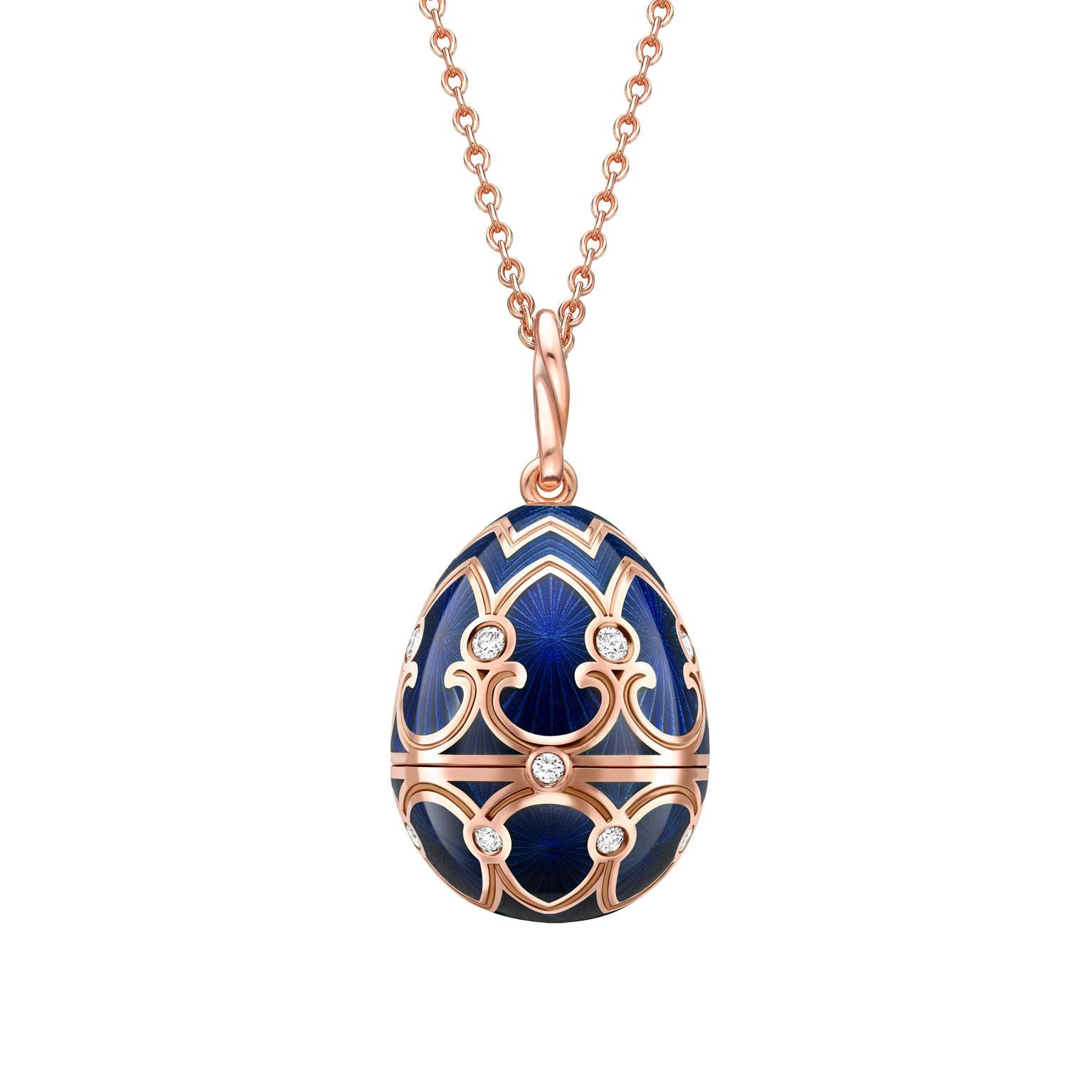 Paying homage to the story of an exquisite onyx polar bear produced by Fabergé in 1909, the Heritage Rose Gold Dark Blue Guilloché Enamel Polar Bear Surprise Locket is crafted from 18k rose gold with dark blue guilloché enamel and set with 15