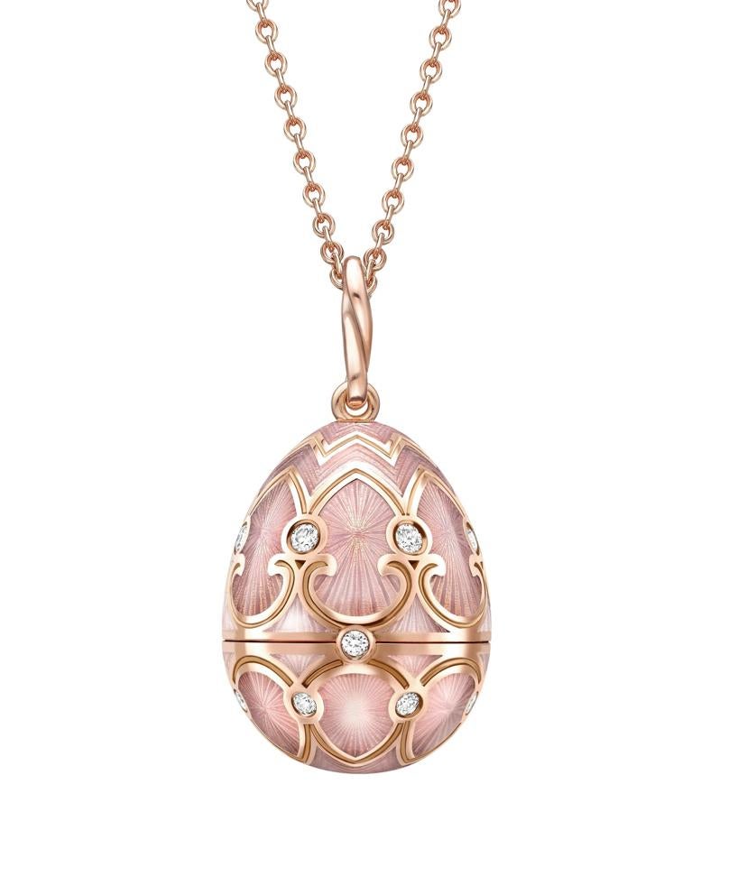 Russian Empire Faberge Heritage Rose Gold Diamond & Pink Guilloche Enamel Heart Surprise Locket For Sale