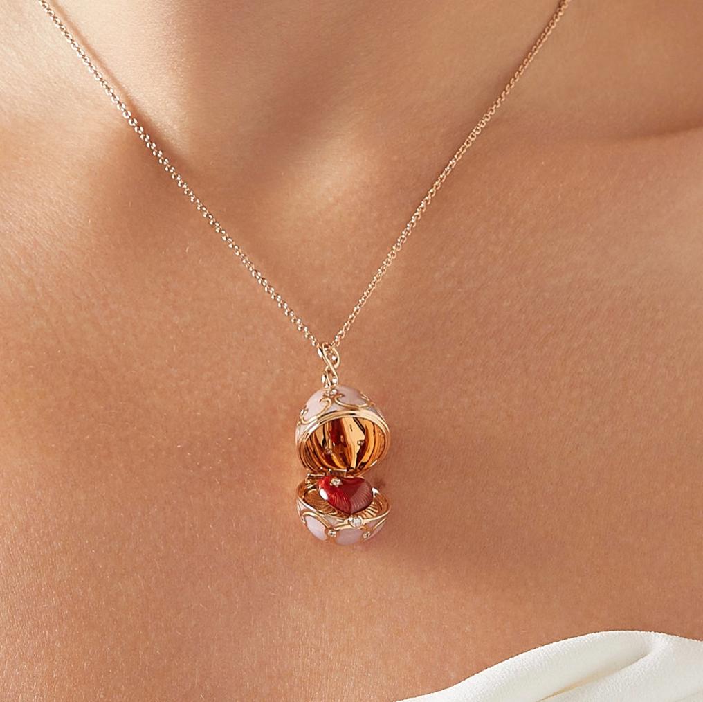 Round Cut Faberge Heritage Rose Gold Diamond & Pink Guilloche Enamel Heart Surprise Locket For Sale
