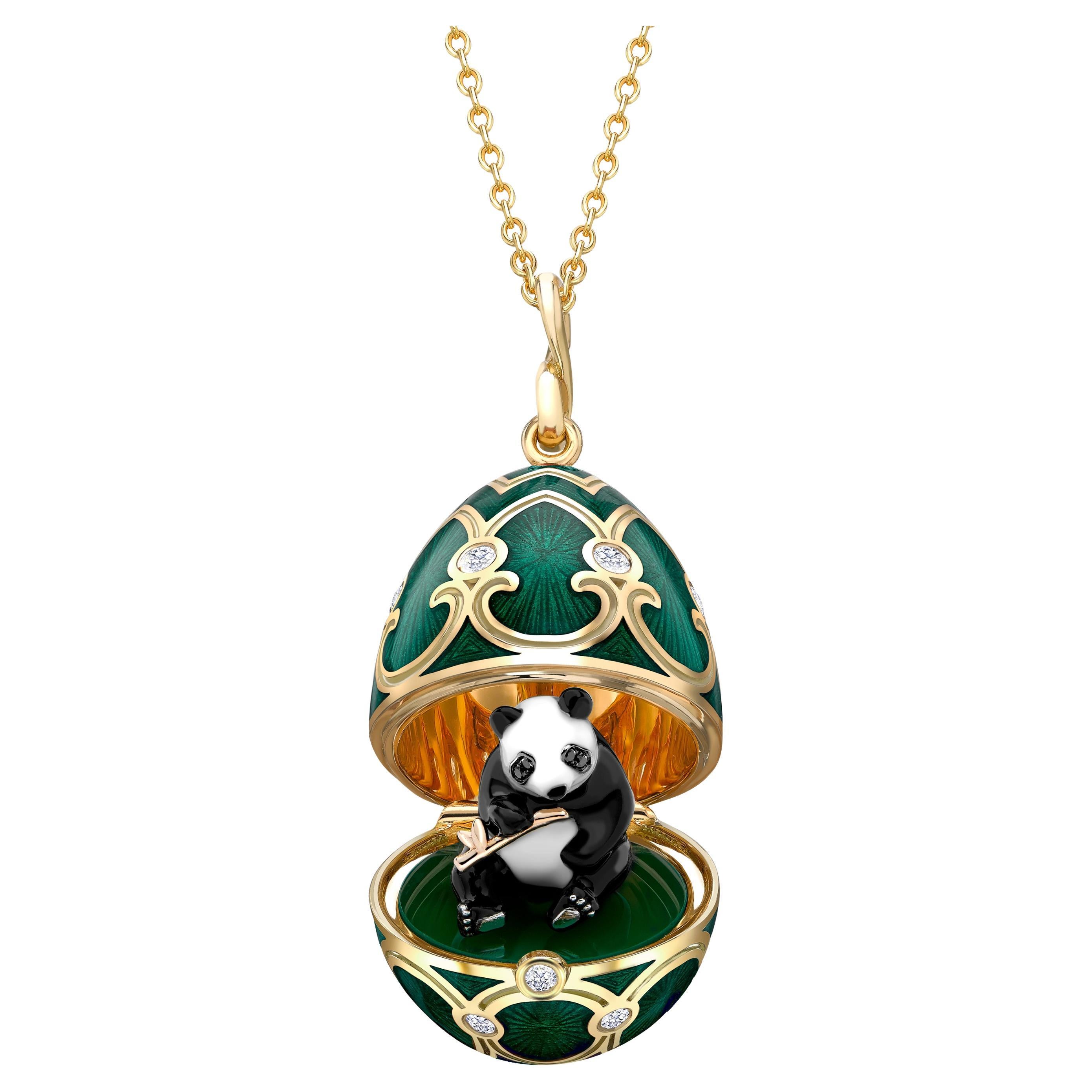 Fabergé Heritage Yellow Gold Diamond & Green Guilloché Enamel Panda Surprise For Sale