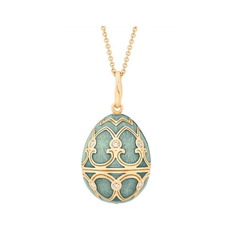 Fabergé Heritage Yellow Gold Turquoise Guilloché Enamel
Egg Pendant.
18k yellow gold
15 round white diamonds 0.29cts (G VS+)
18k yellow gold 50cm chain
egg size 22mm
173FP1349